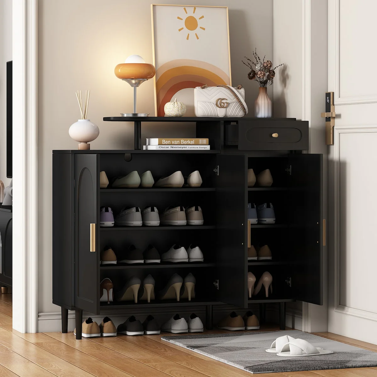 Shoe Cabinet with Arched Doors and Drawer, Cream Style Storage Sideboard with Adjustable Shelves and Solid Wood Legs