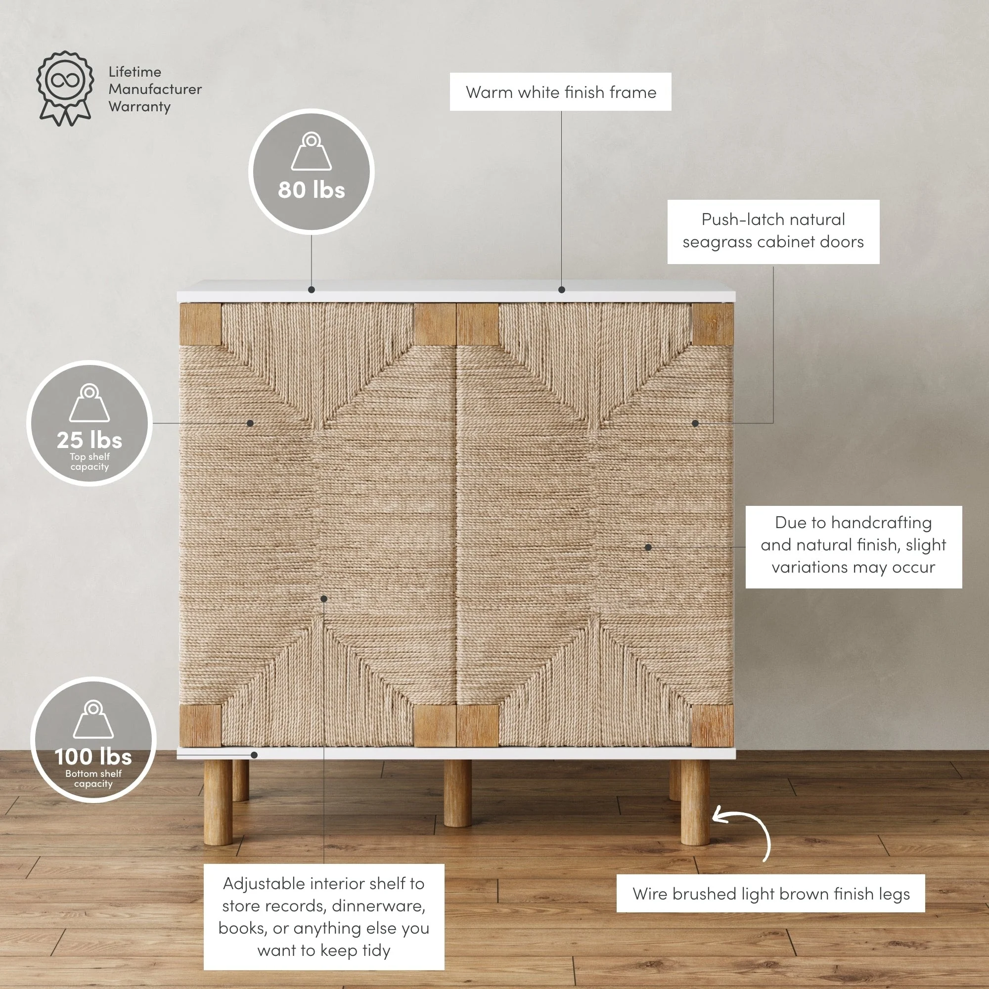 Nathan James Beacon Wood Accent Cabinet with Seagrass Doors and Adjustable Shelf