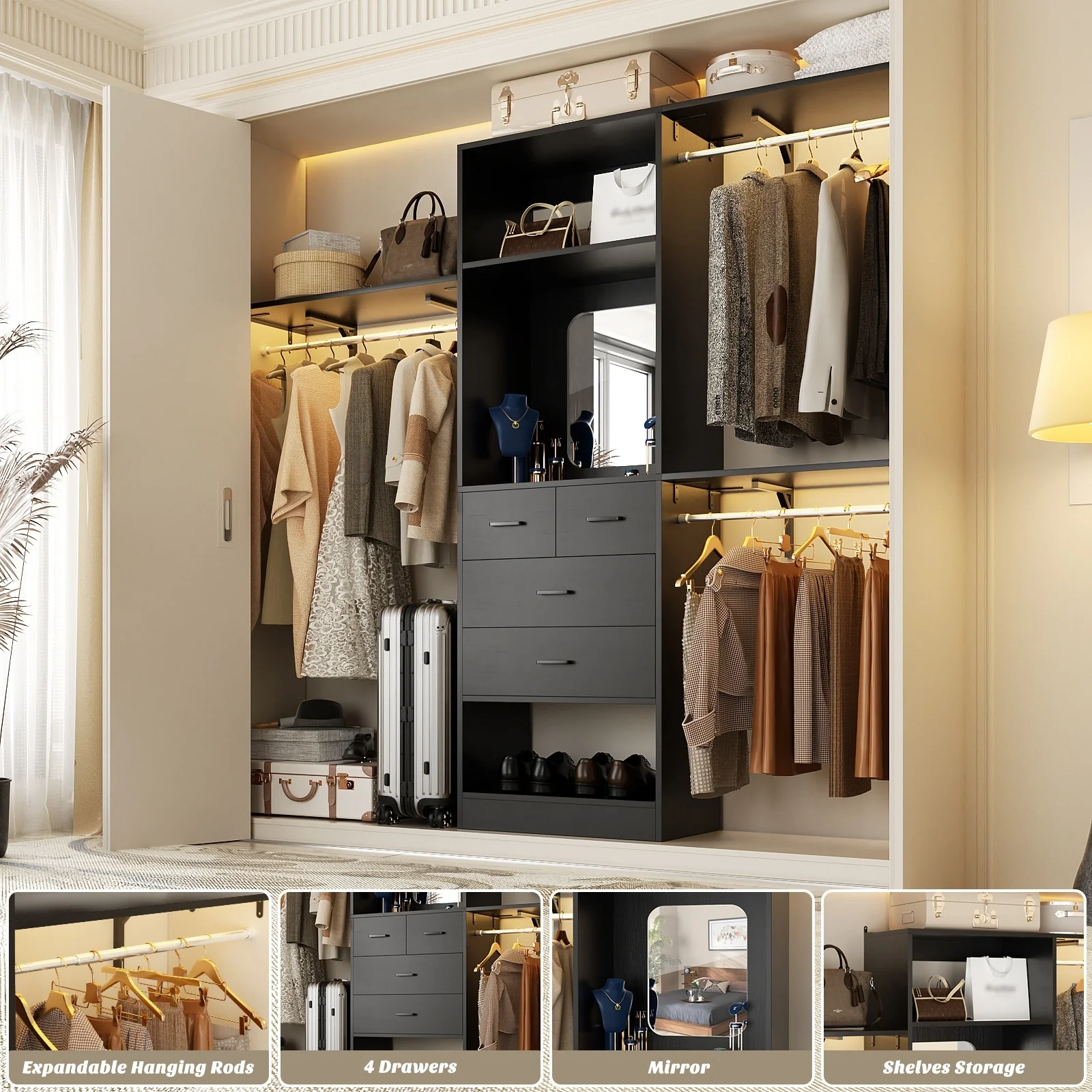 96'' W Closet System with Mirror, 8FT Walk-in Closet Organizer Kits with 4 Wooden Drawers ＆ 3 Extendable Hanging Rods