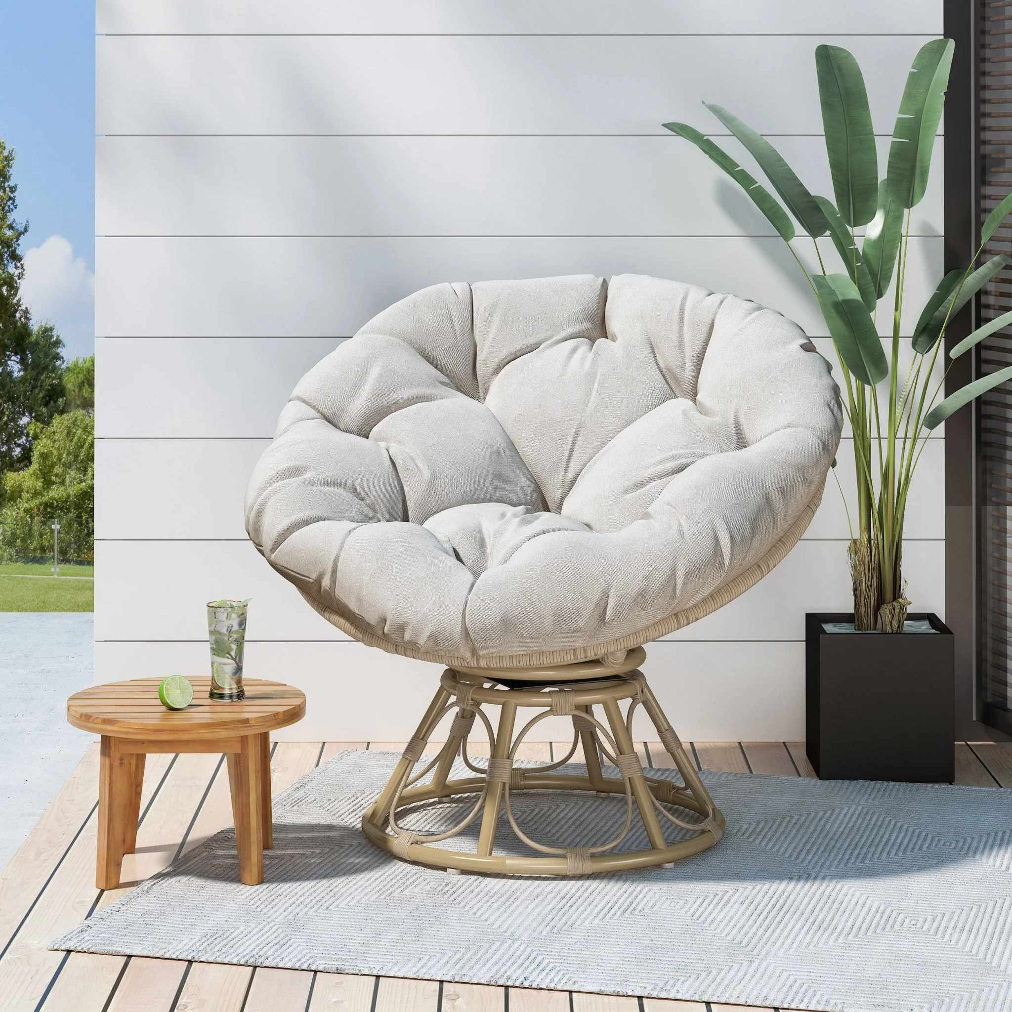 Indoor/Outdoor Papasan Swivel Chair with Water Resistant Cushion
