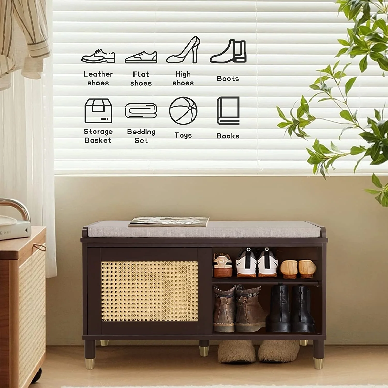 Shoe Storage Bench Cabinet Rattan Style Shoe Cabinet for Entryway