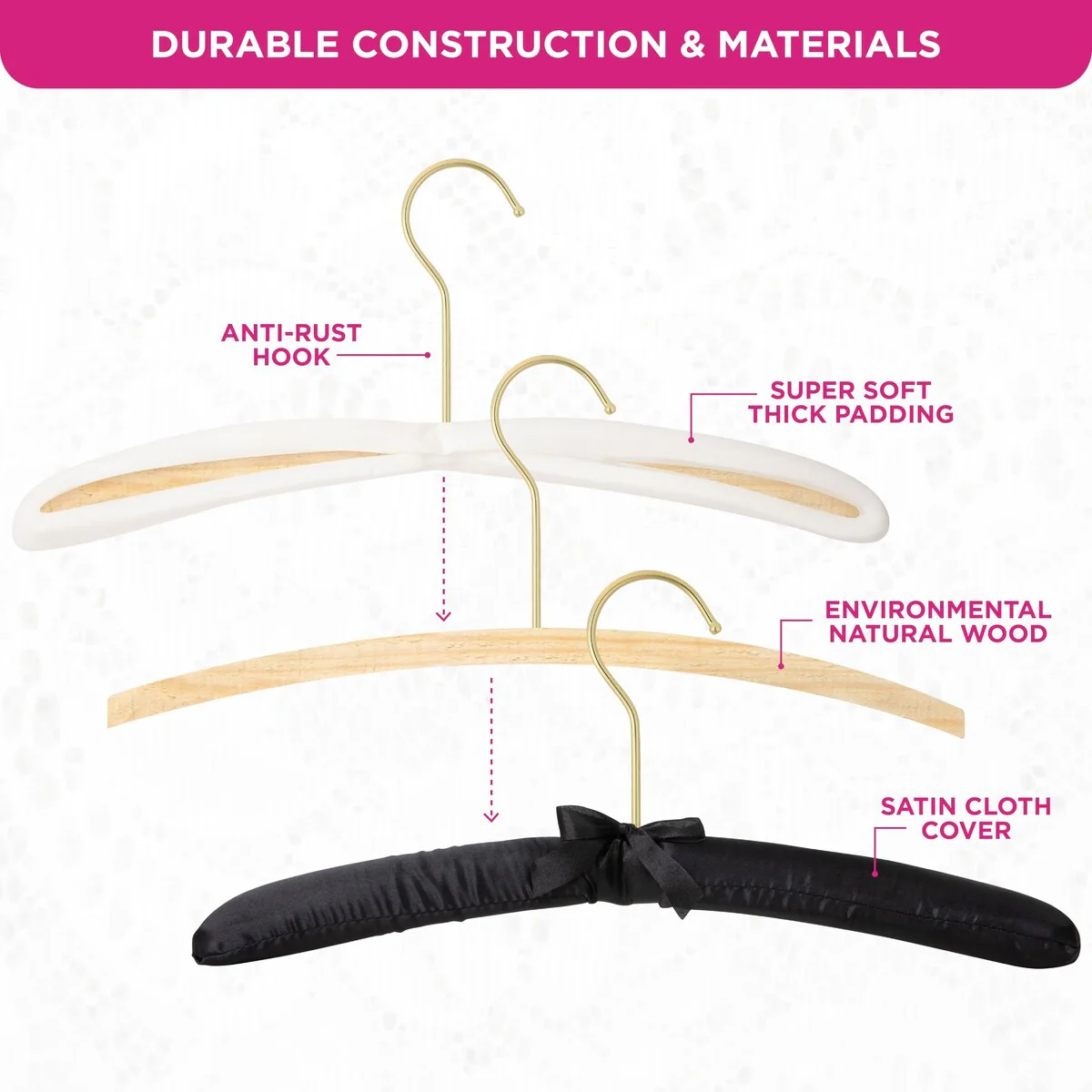 Premium HeavyDuty Thick Satin Padded Hangers Anti Slip - Black, Set of 12