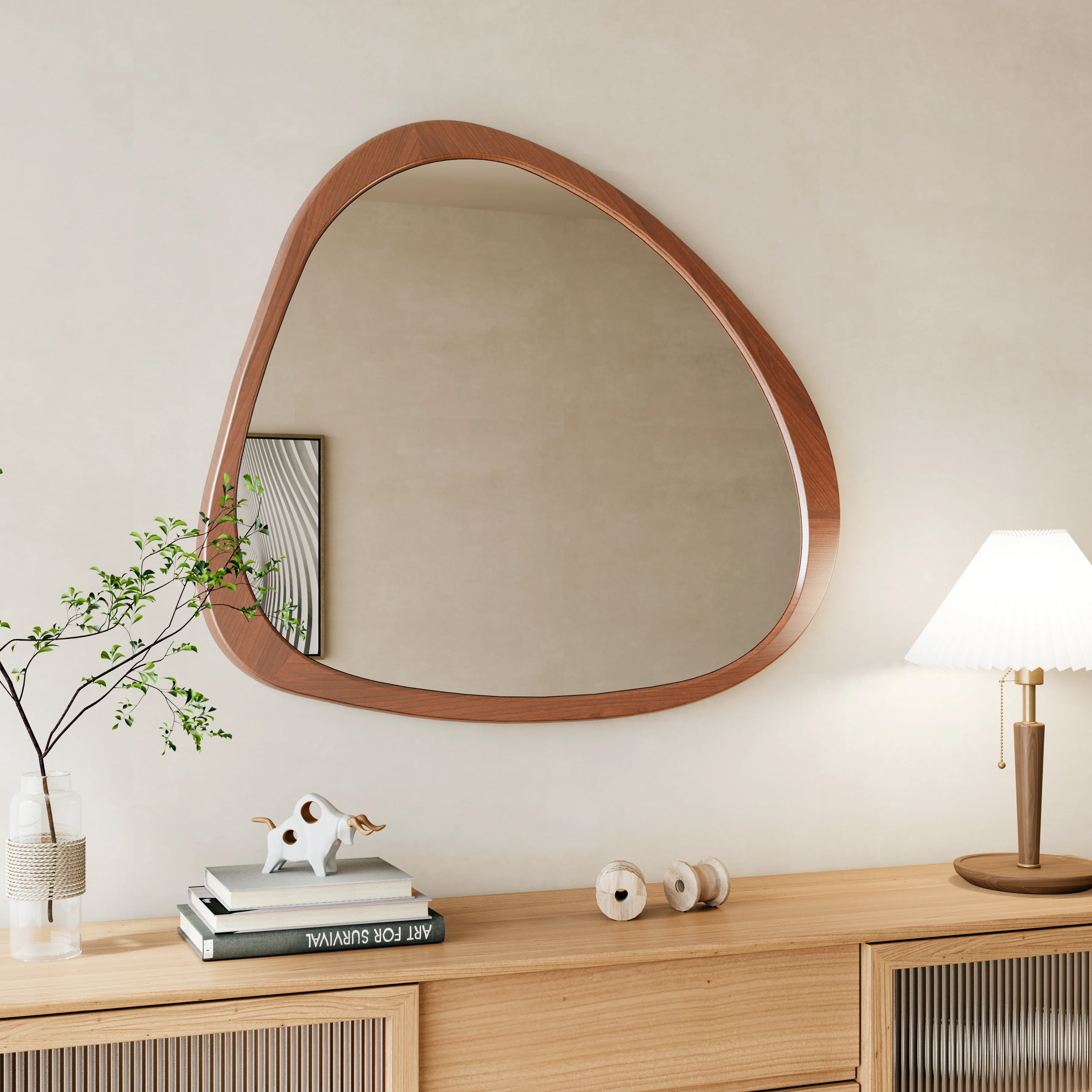 45 Wall Mirror with Curvy Shape and Pine Wood Frame