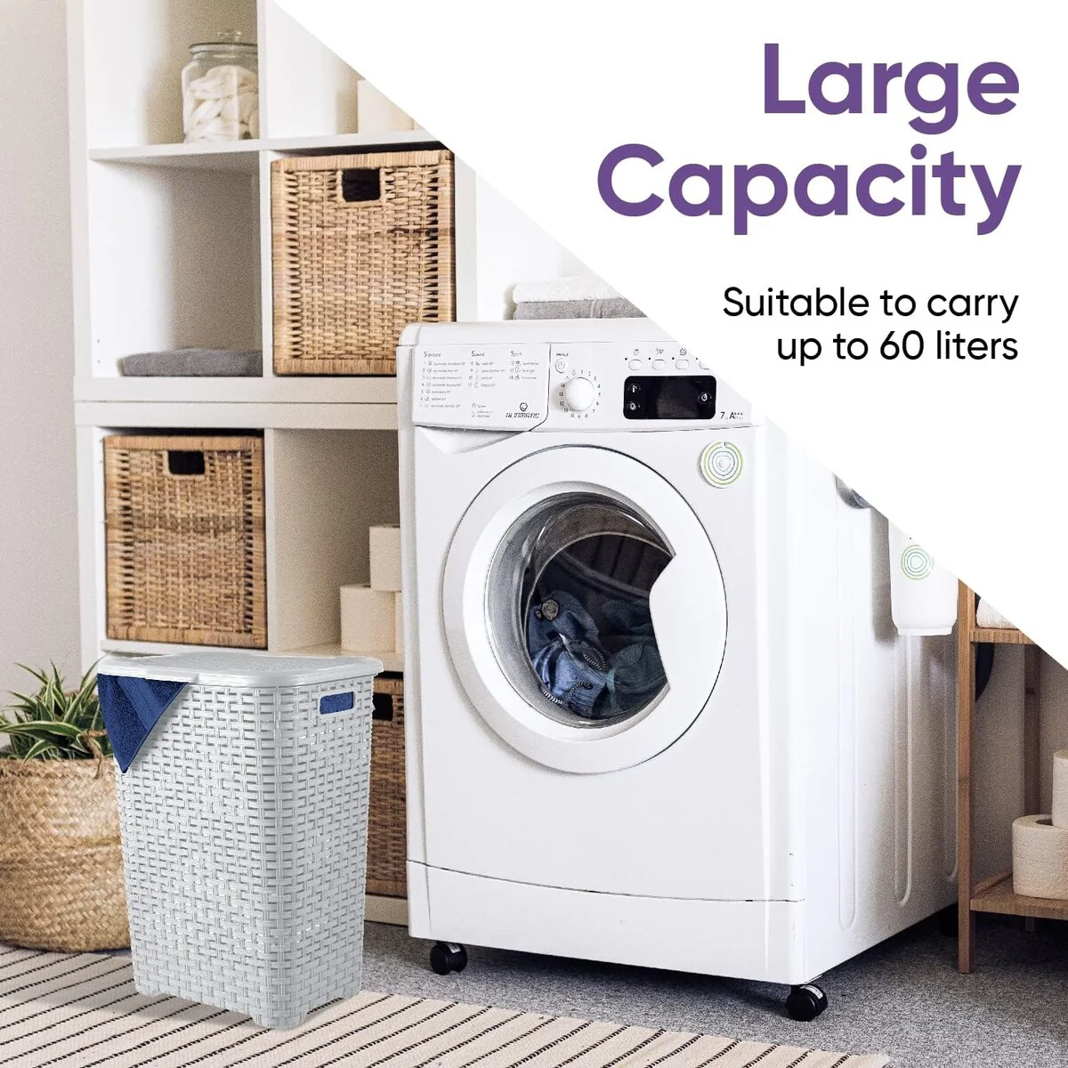 Superio Plastic Wicker Laundry Hamper with Lid Large Capacity - Capacity: 60l