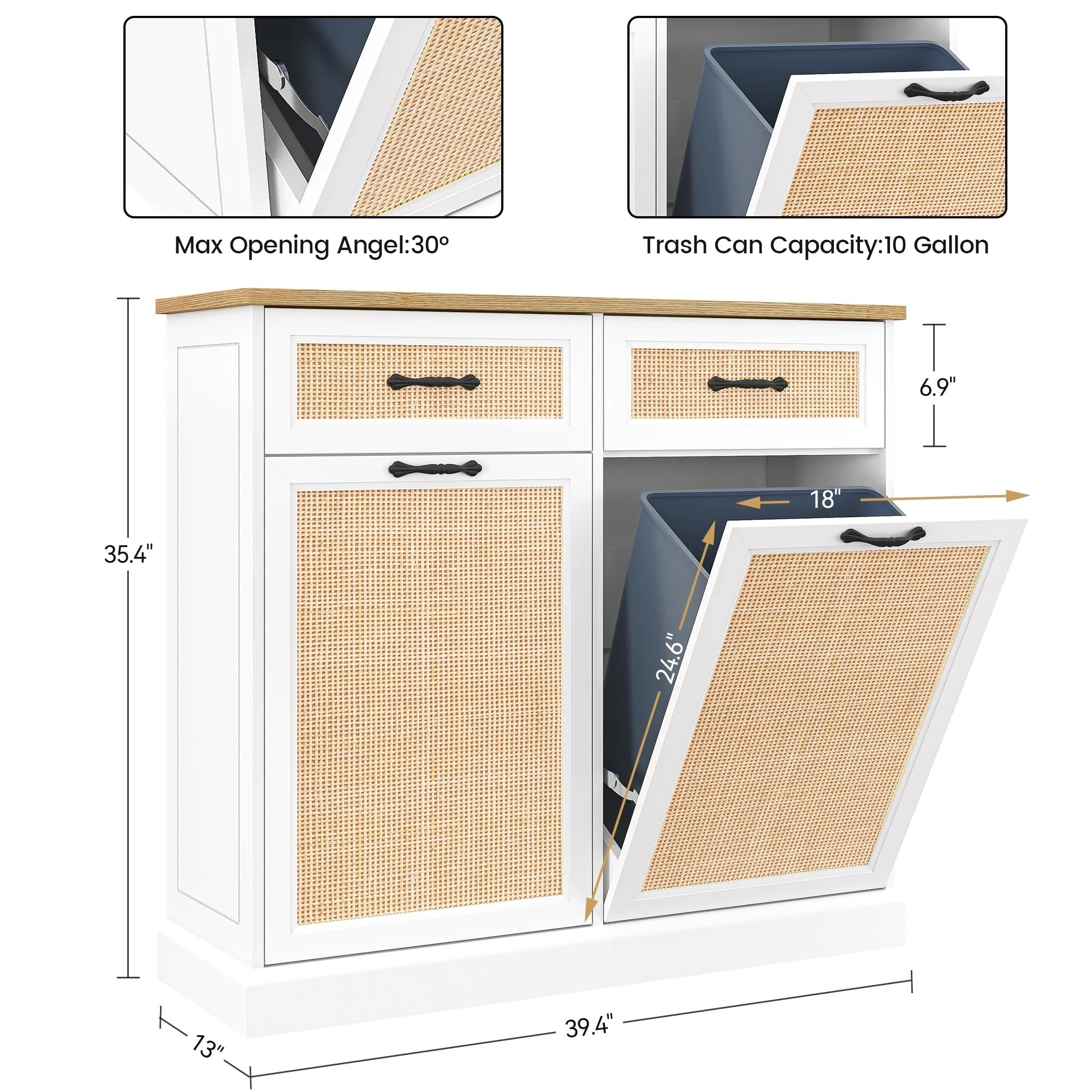 Rattarn Kitchen Tilt Out Trash Can Cabinet with Drawer