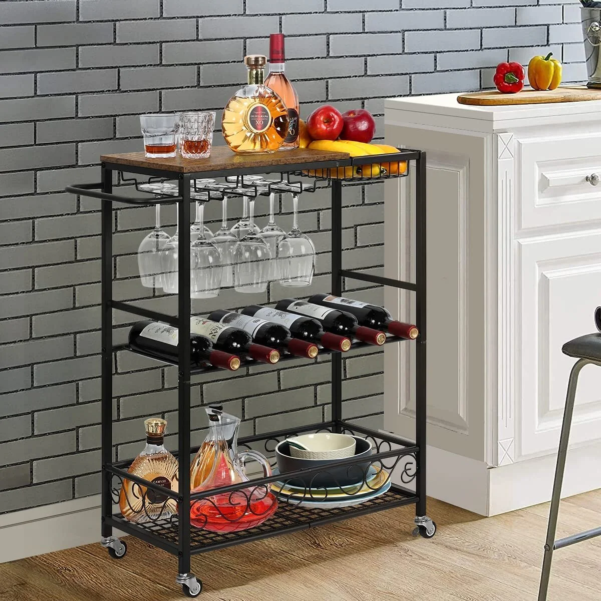 3 Tier Mobile Bar Serving Cart, Rolling Wine Cart with Glass Stemware Rack and Wine Bottle Holders