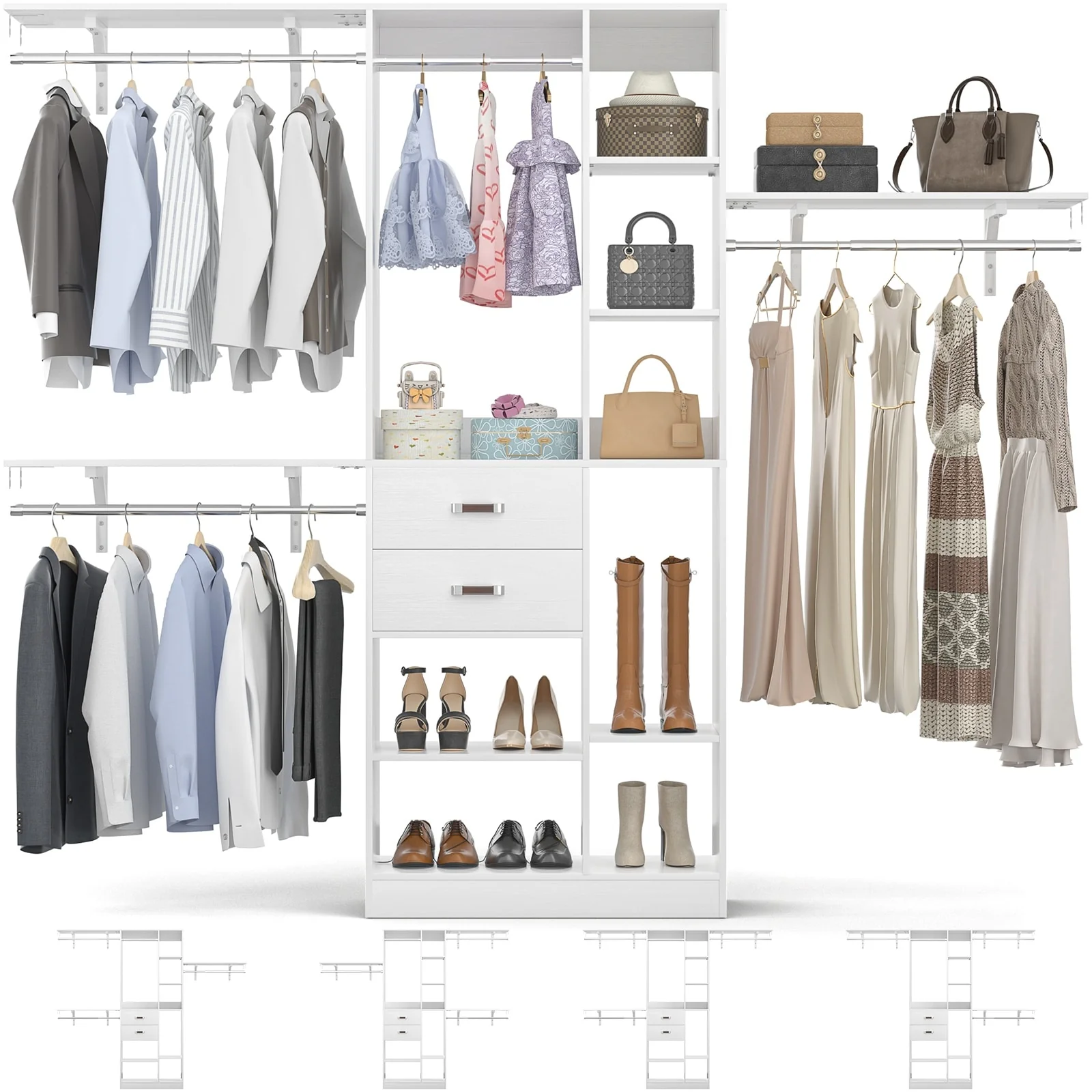 31.5'' to 96'' W Closet Organizer System with Drawers and Tower Shelves for Reach-in and Walk-in Closet