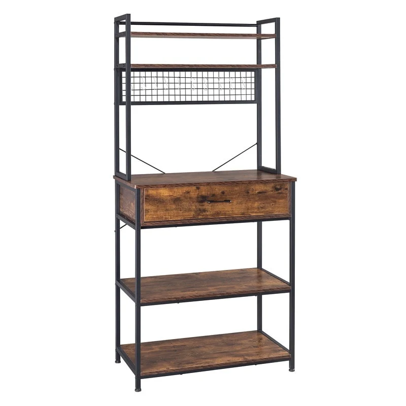 5-Tier Kitchen Bakers Rack with 10 S Hooks and 1 drawer Rustic Brown