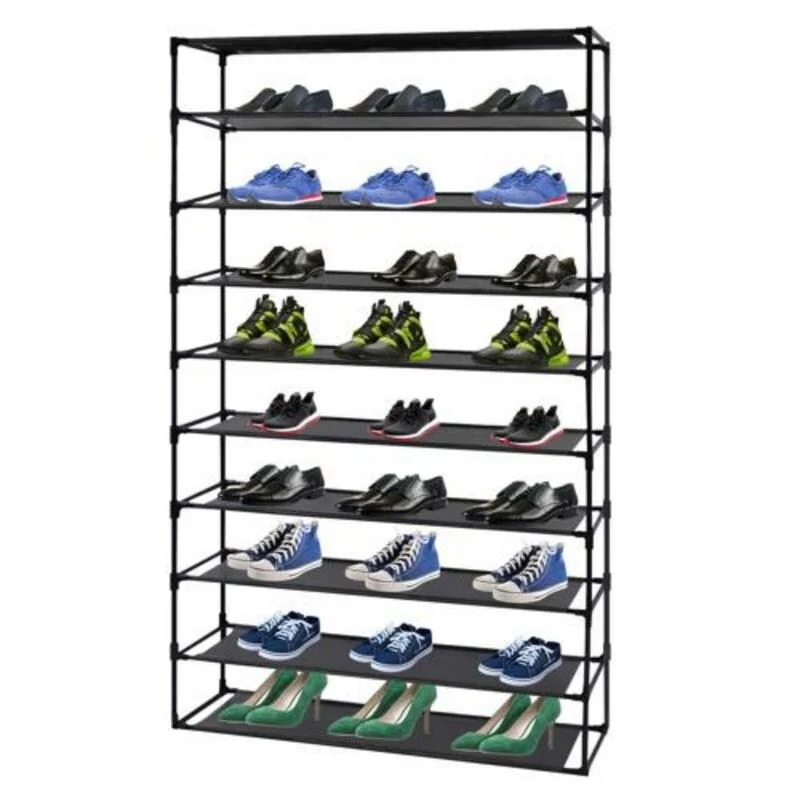 10 Tier Shoe Rack Detachable Non-Woven Waterproof Fabric Shoe Organizer Tower Space Saver Stackable Storage Shelf (Black)