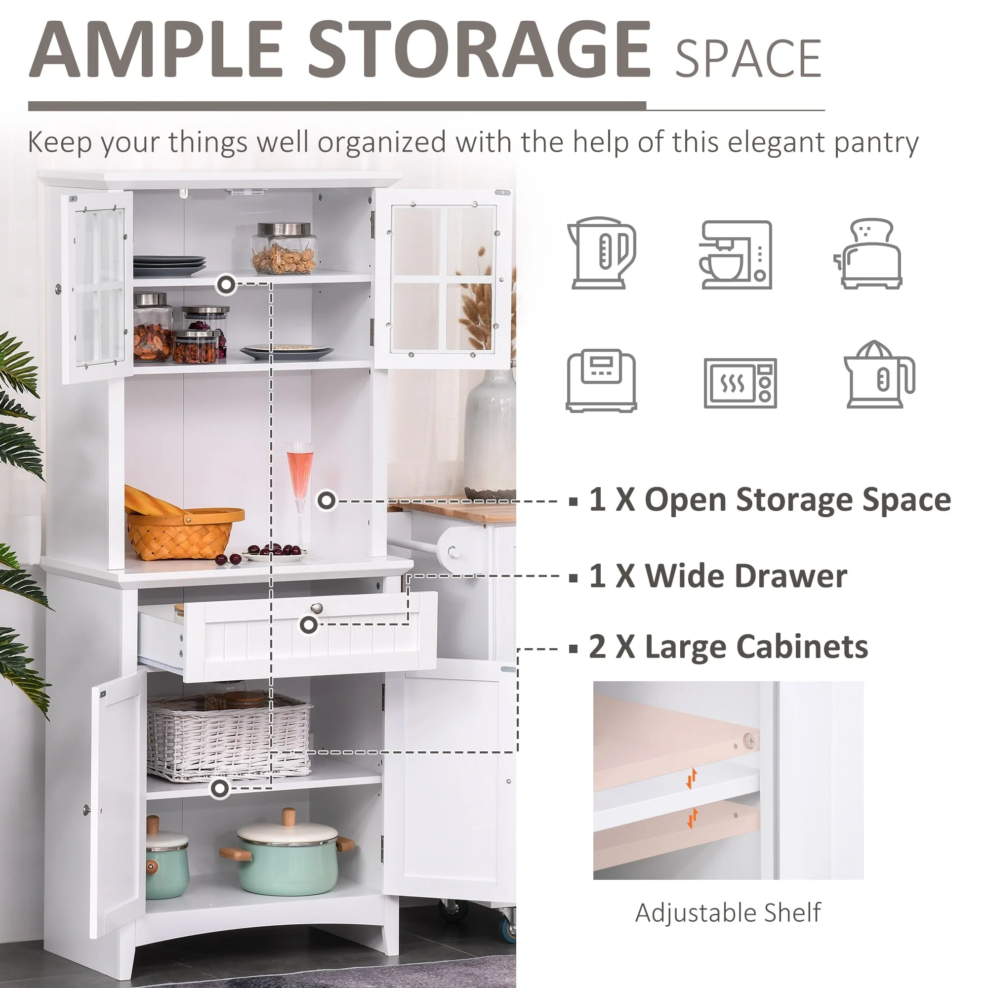 HOMCOM Kitchen Buffet Hutch Wooden Storage Cupboard with Framed Glass Door, Drawer and Microwave Space - 27