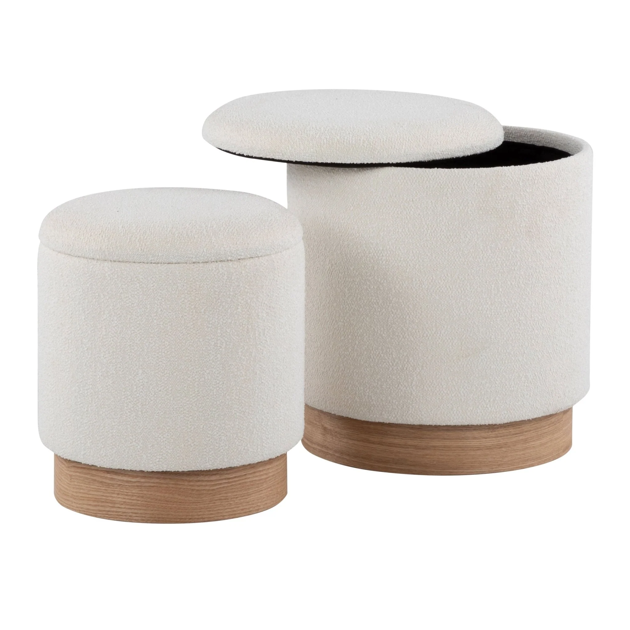 Upholstered Ottoman with Natural Wood Base, Set of 2