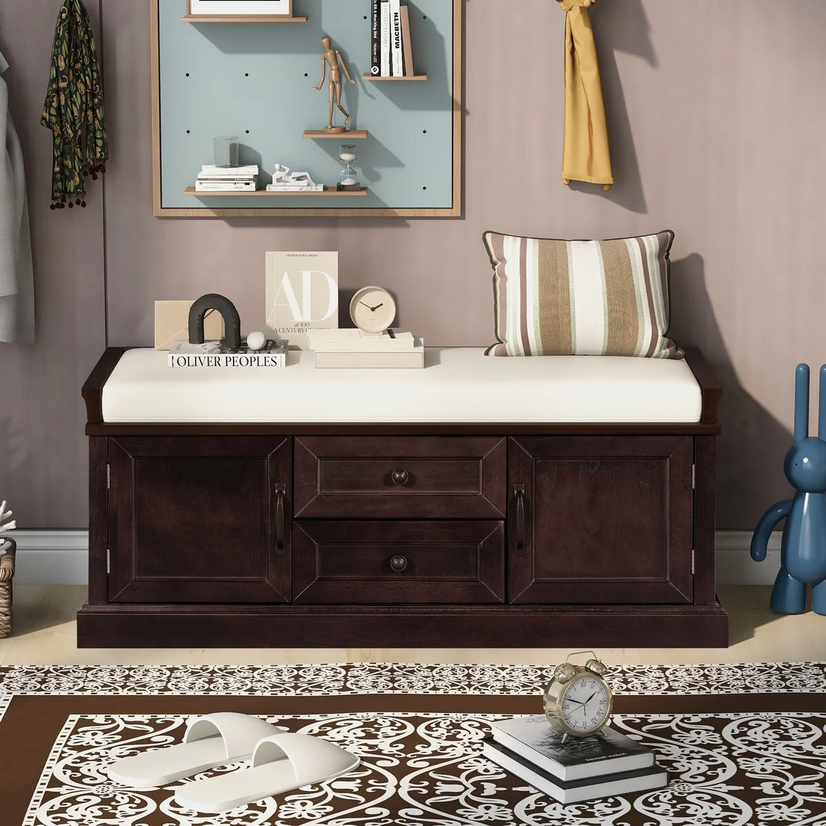 Storage Bench with 2 Drawers and 2 Cabinets, Shoe Bench with Removable Cushion for Living Room, Entryway (Black)