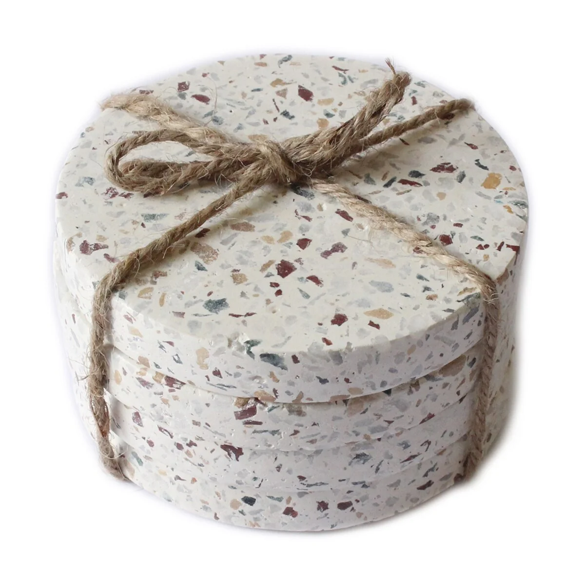 Set of 4 Terrazzo Round Coasters w/ Twine - White