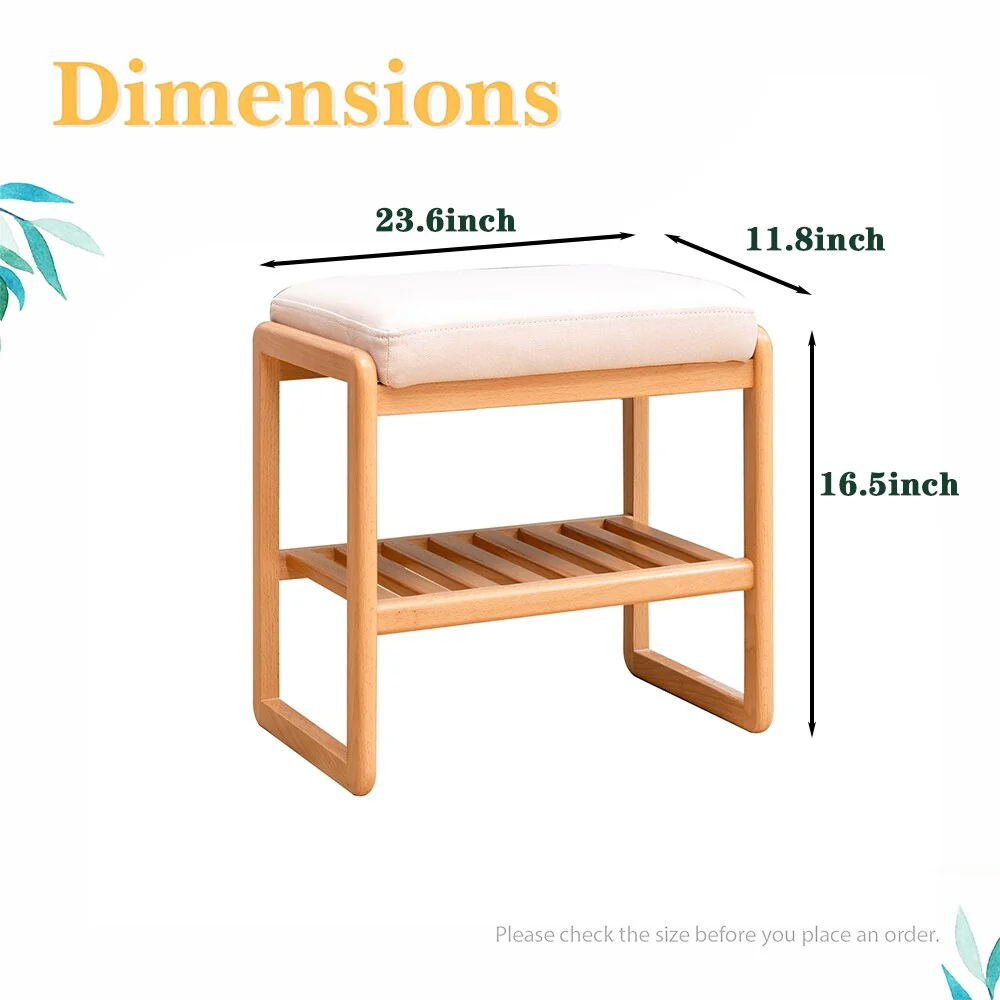 Solid Wood Shoe Bench with Sponge Cushion, Shoe Rack for Entryway - 23