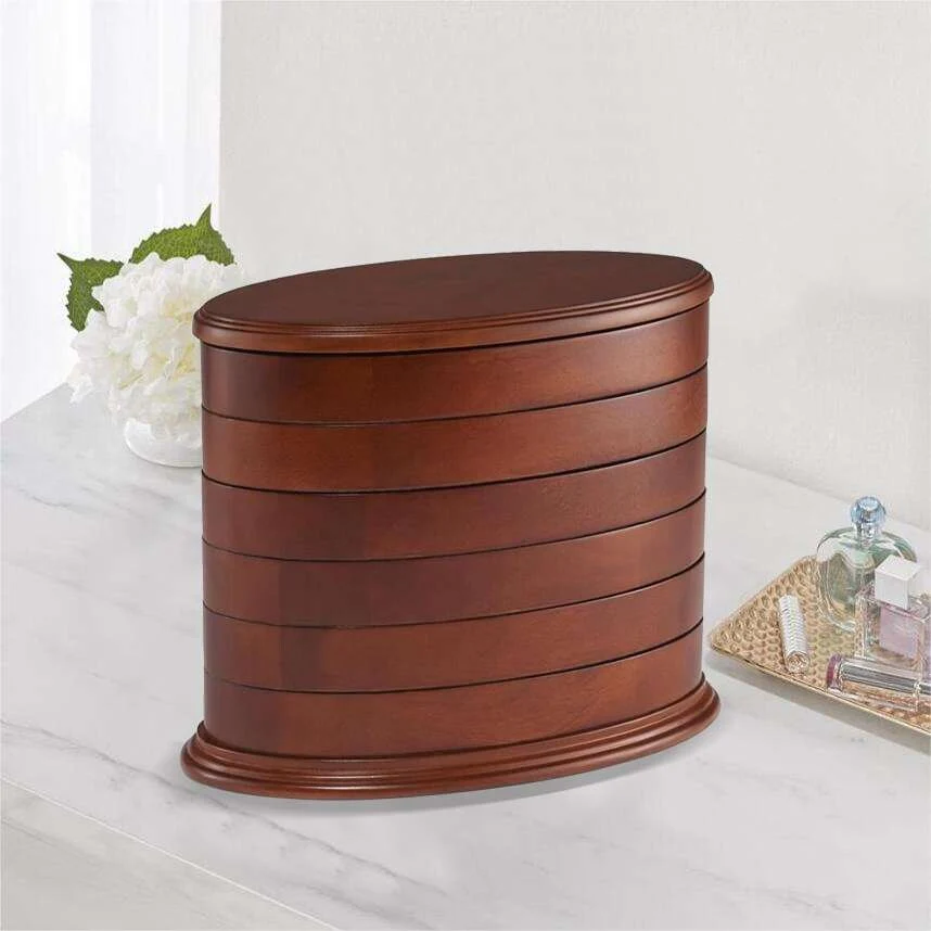 Swivel Wood Jewelry Box Tower, 6 Drawers Organizer, Dark Cherry