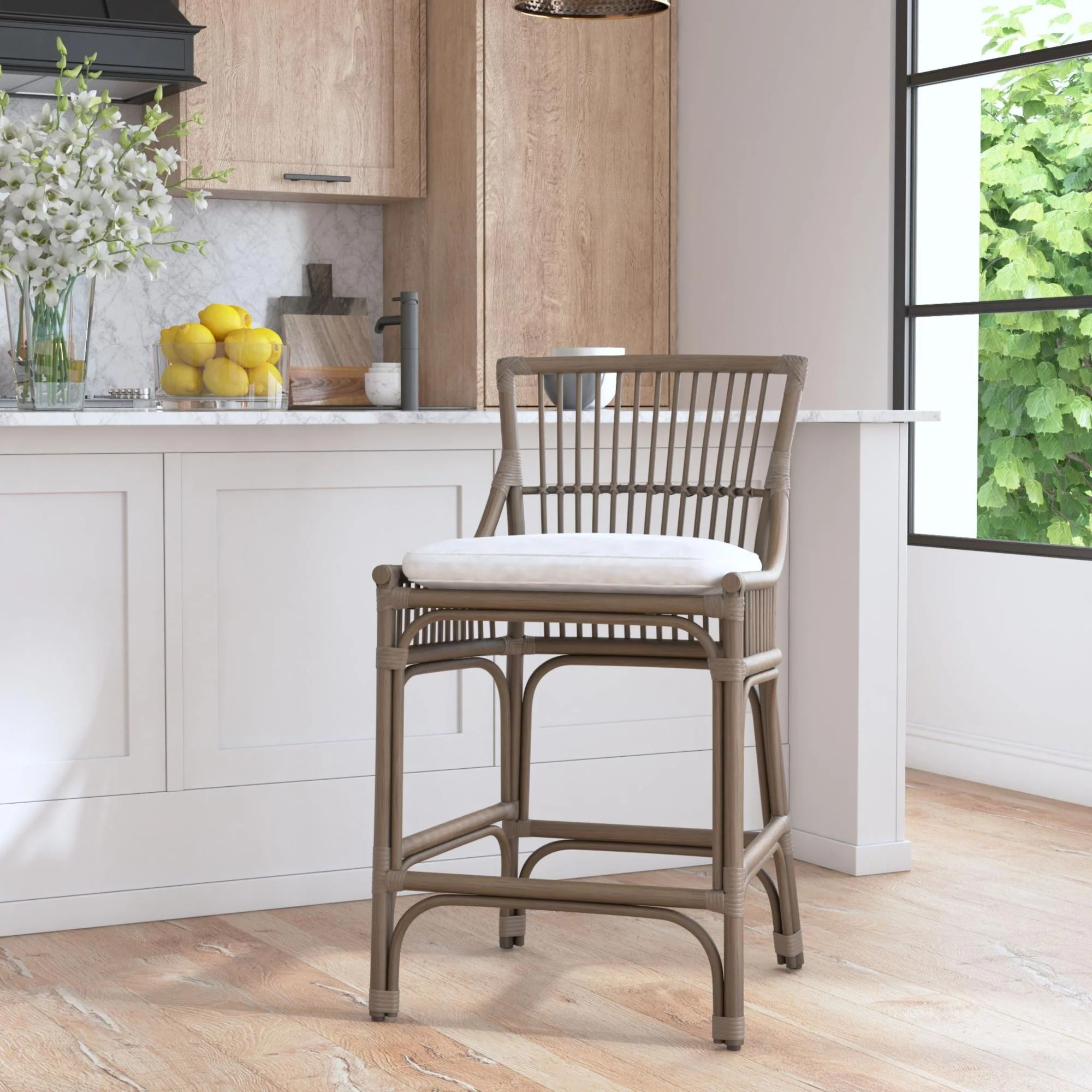 Rattan Slat Back Counter Stool Gray