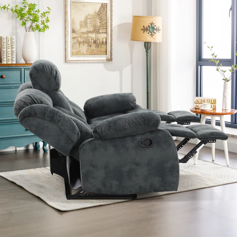 Oxier 84'' Wide Short Plush Fabric Cushion Back Manual Reclining Sofa with Skin-Friendly Upholstery