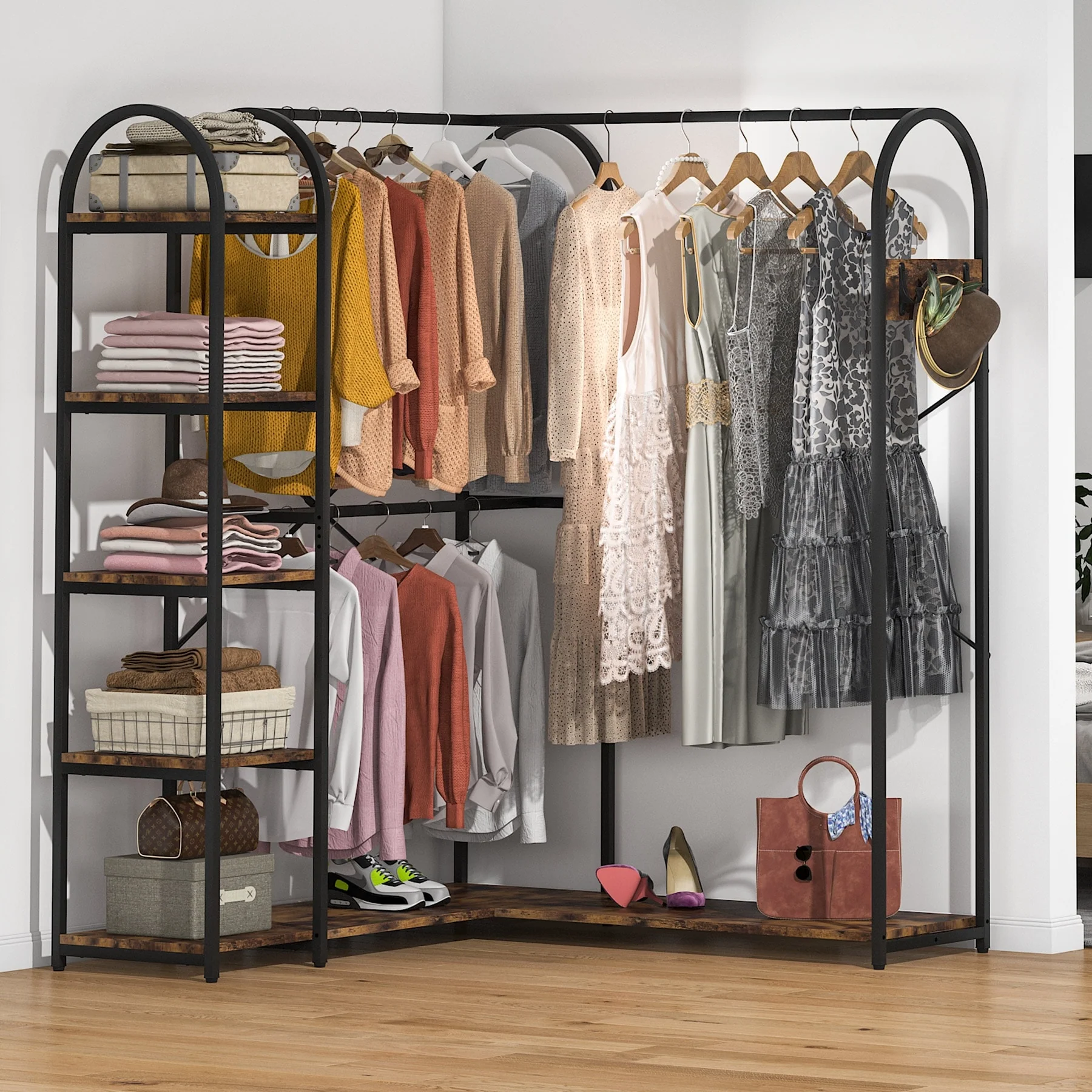 L Shape Clothes Rack, Corner Garment Rack with Storage Shelves and Hanging Rods, Large Open Wardrobe Closet for Bedroom
