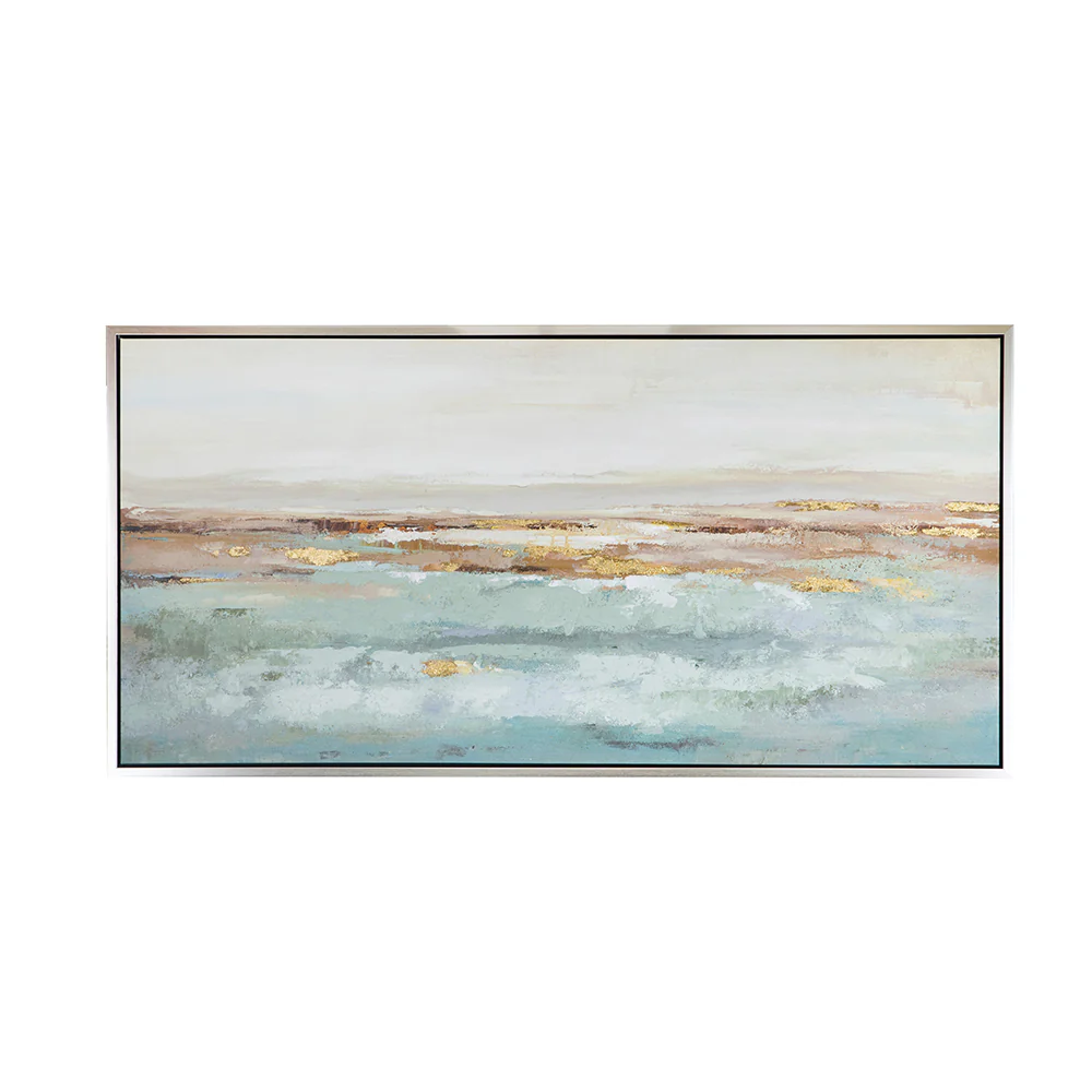 59.1x29.5x1.5' Framed Landscape Rectangle Blue and Gold Abstract Ocean Oil Painting