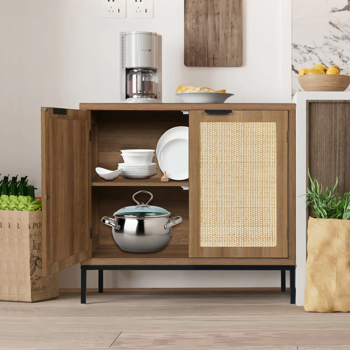 Anmytek Mid-Century Modern Rattan Accent Storage Cabinet Wood Sideboard Buffet with 2 Doors