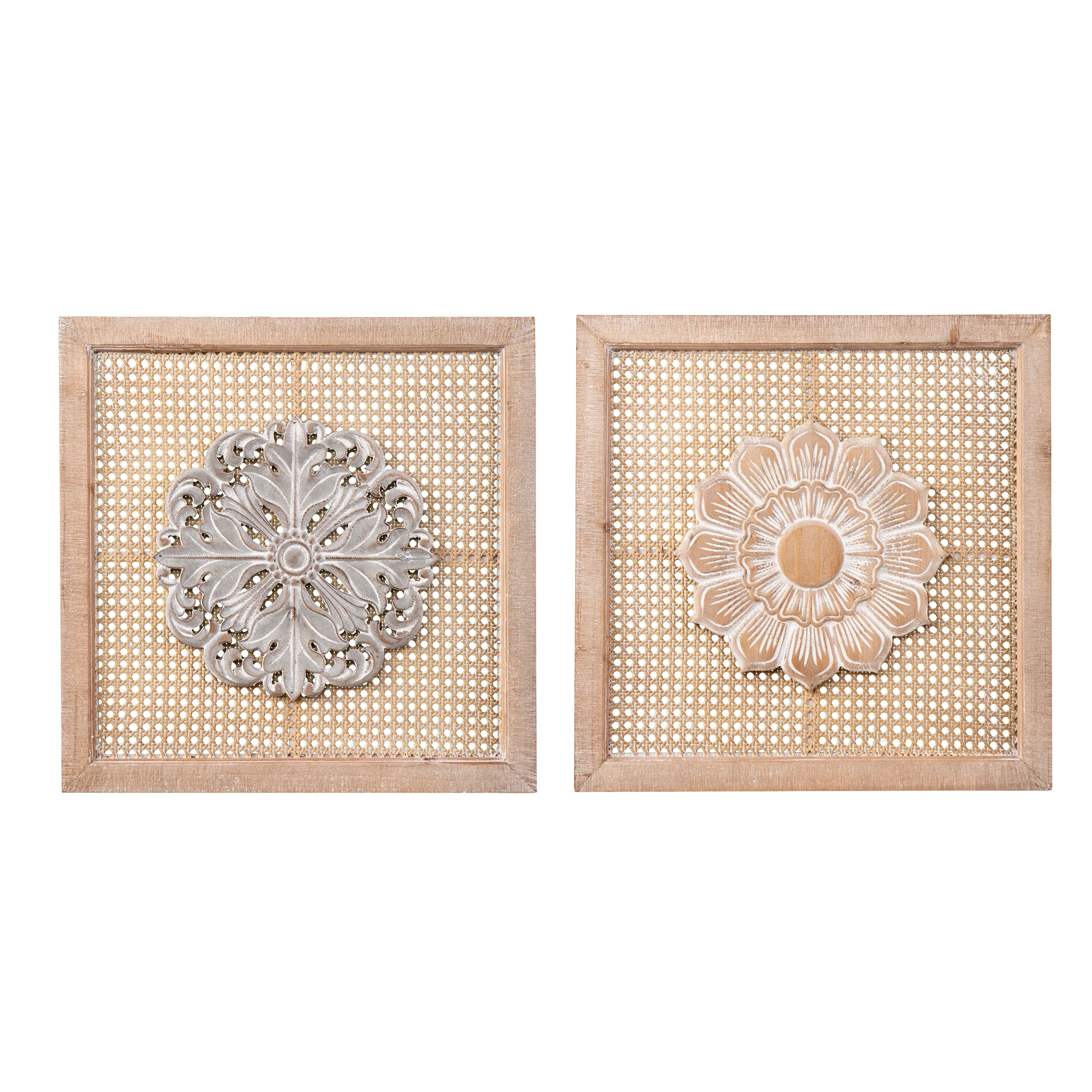 2-Piece Rattan Wall Decor Set with Carved Floral