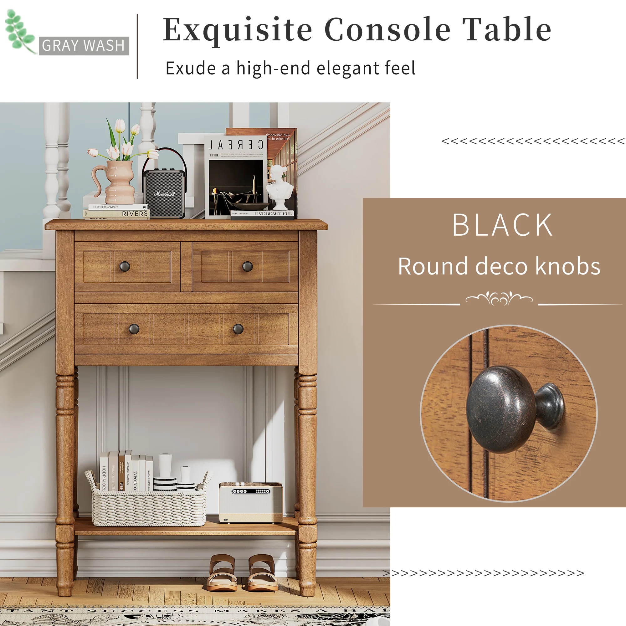 Conquest Narrow Console Table with 3 Drawers and Bottom Shelf