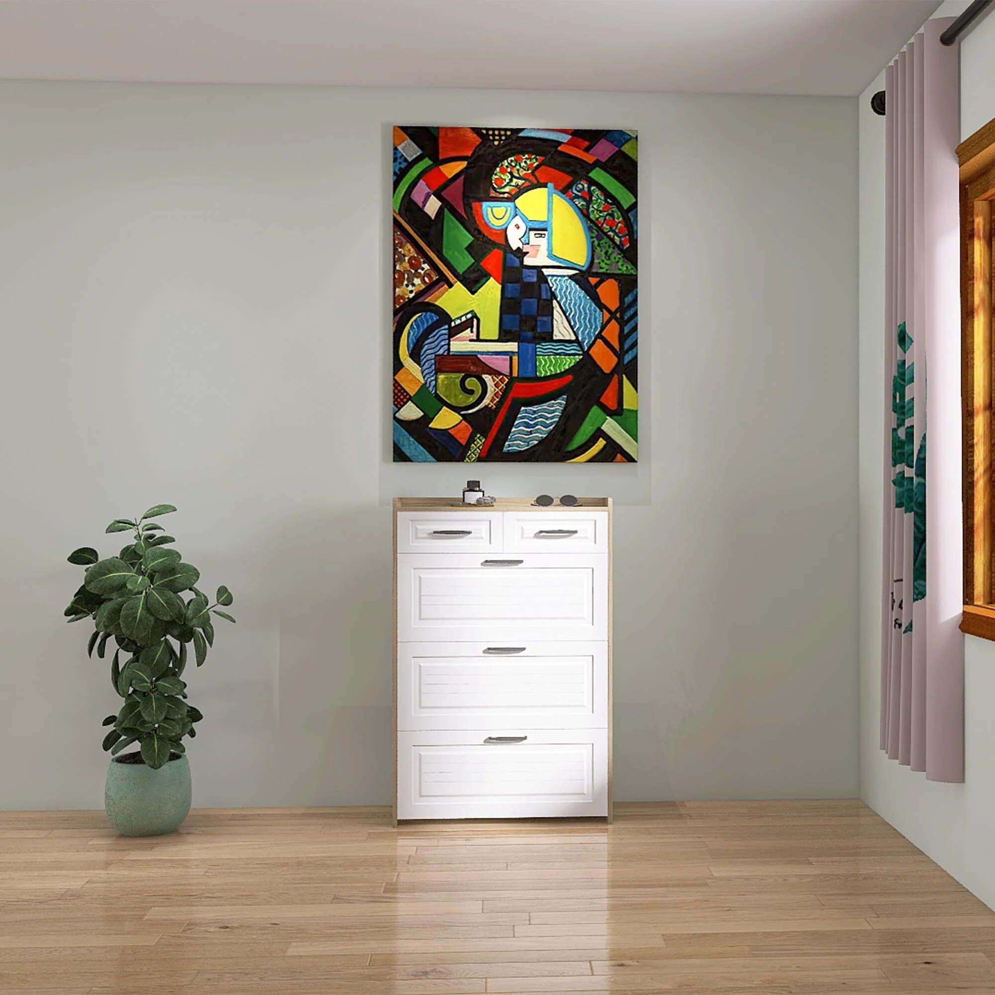 Versatile White Oak Shoe Cabinet with PVC Shaped Door and Spacious Storage