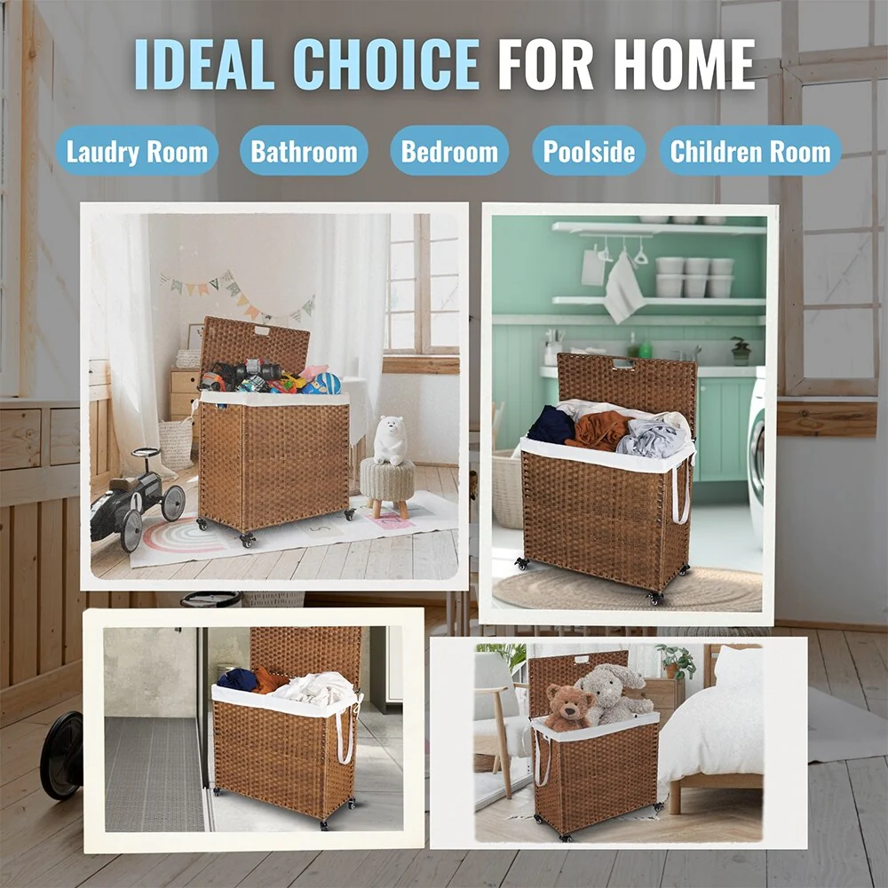 Laundry Hamper with Wheels, 160L Rattan Hampers & 2 Removable Liner Bags, Laundry Basket with Lid - 27