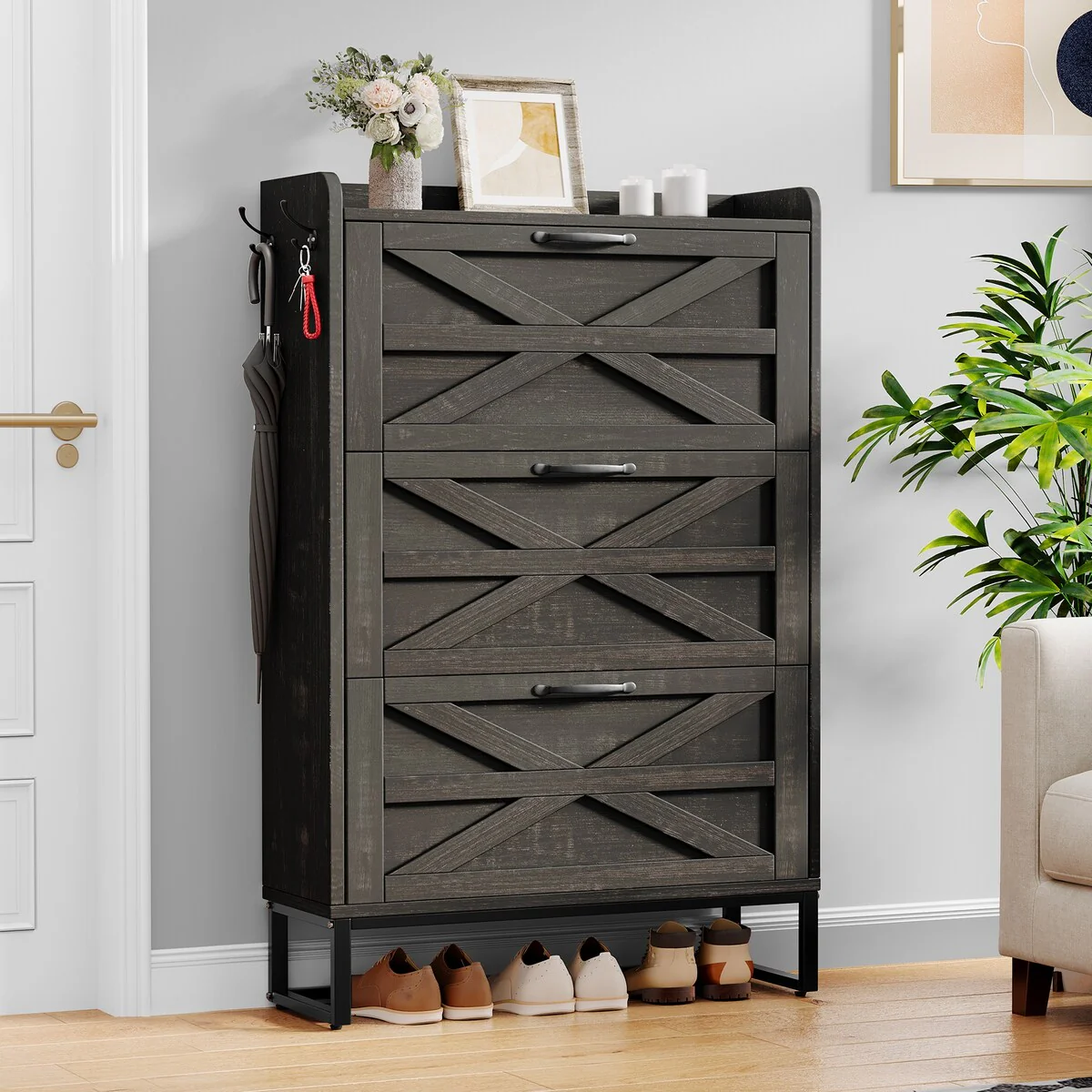 Moasis Farmhouse Flip Shoe Cabinet Shoe Storage Cabinet with 3 Flip Doors Adjustable Shelf - 31.4