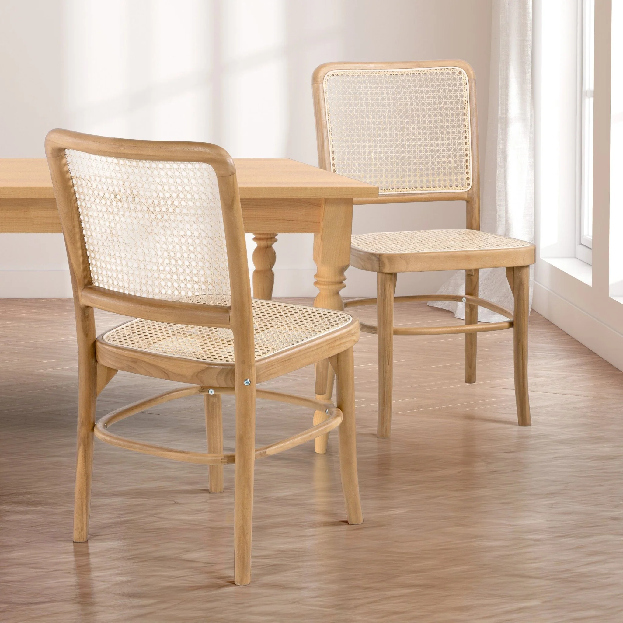 Colmar Mid-Century Vintage Wood Rattan Dining Chair, Black/Natural (Set of 2)