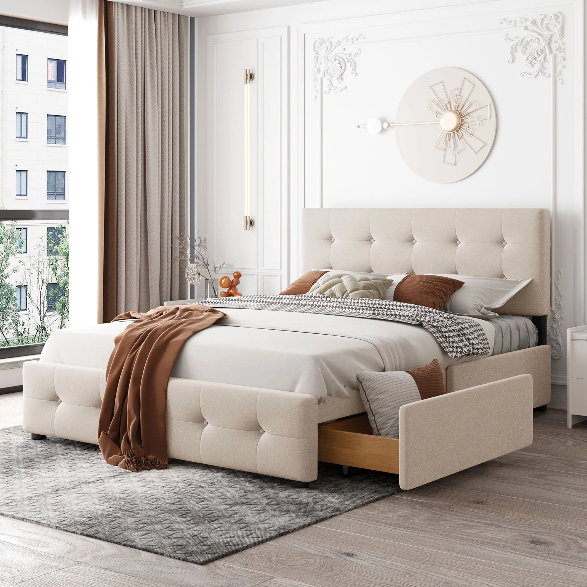 Upholstered Queen Platform Bed with Classic Headboard and 4 Drawers