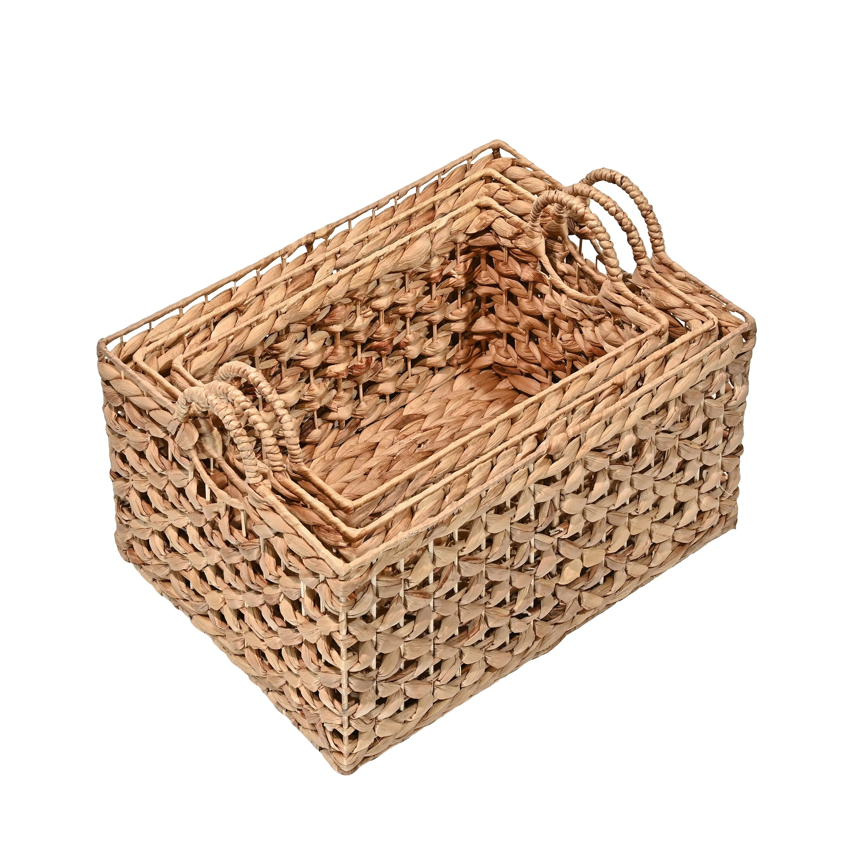 Woven Hyacinth Rectangular Storage Baskets with Handles (Set of 3)