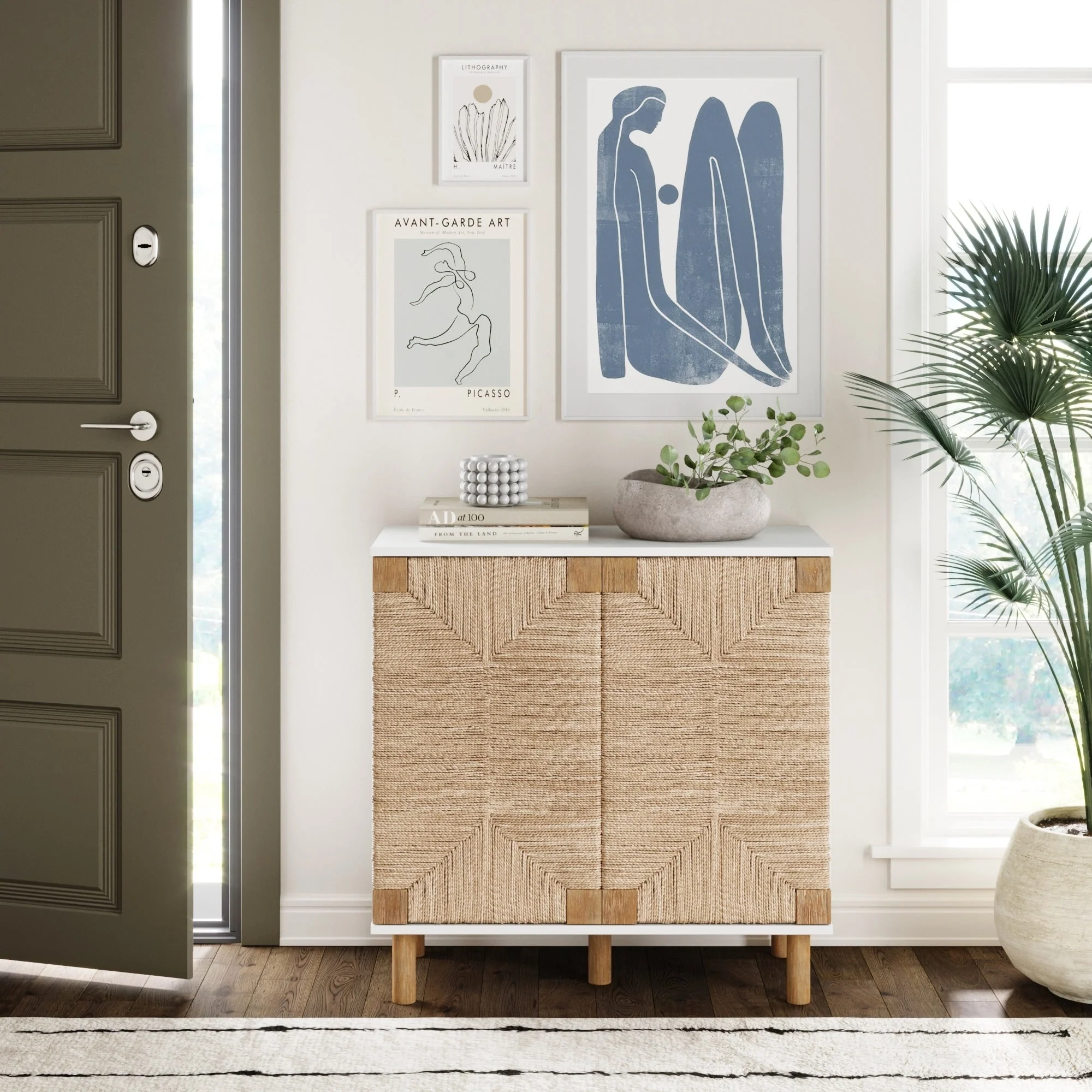 Nathan James Beacon Wood Accent Cabinet with Seagrass Doors and Adjustable Shelf