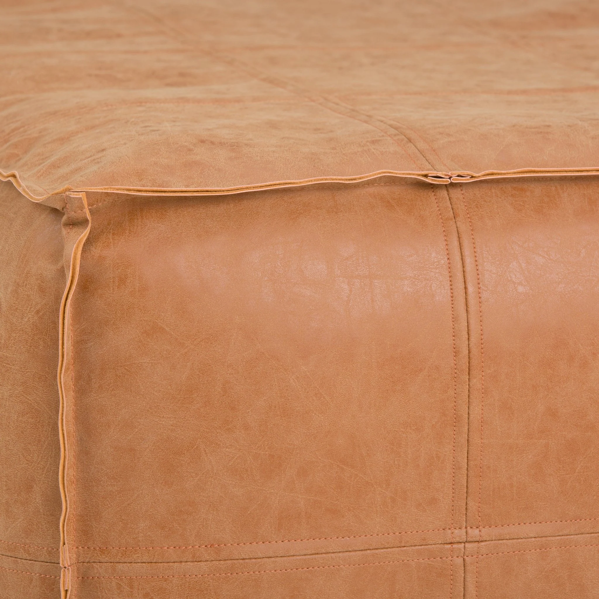 Ascendant Faux Leather Square Pouf with Top Stitching Detail