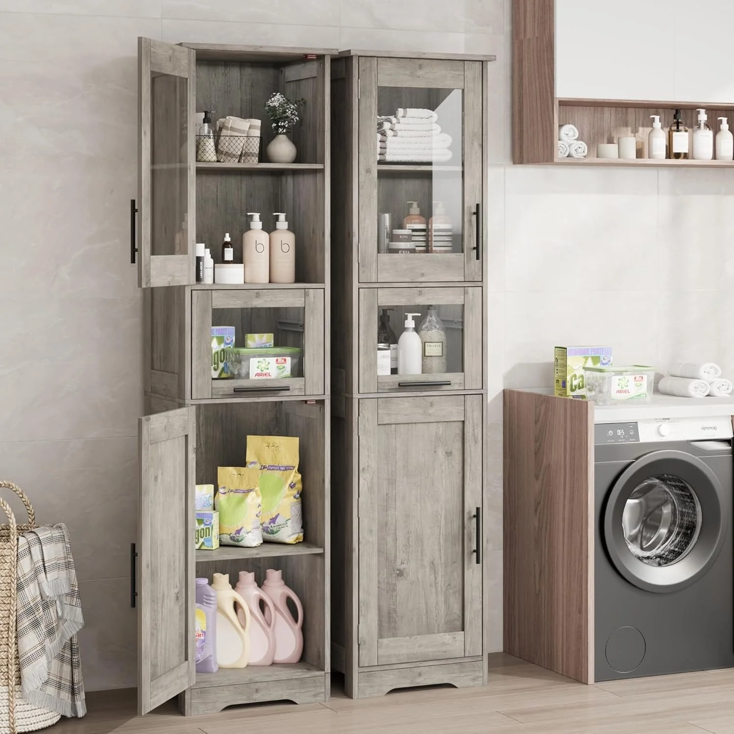 Tall Bathroom Cabinet, Linen Storage Cabinet with Doors and Adjustable Shelves and Drawer