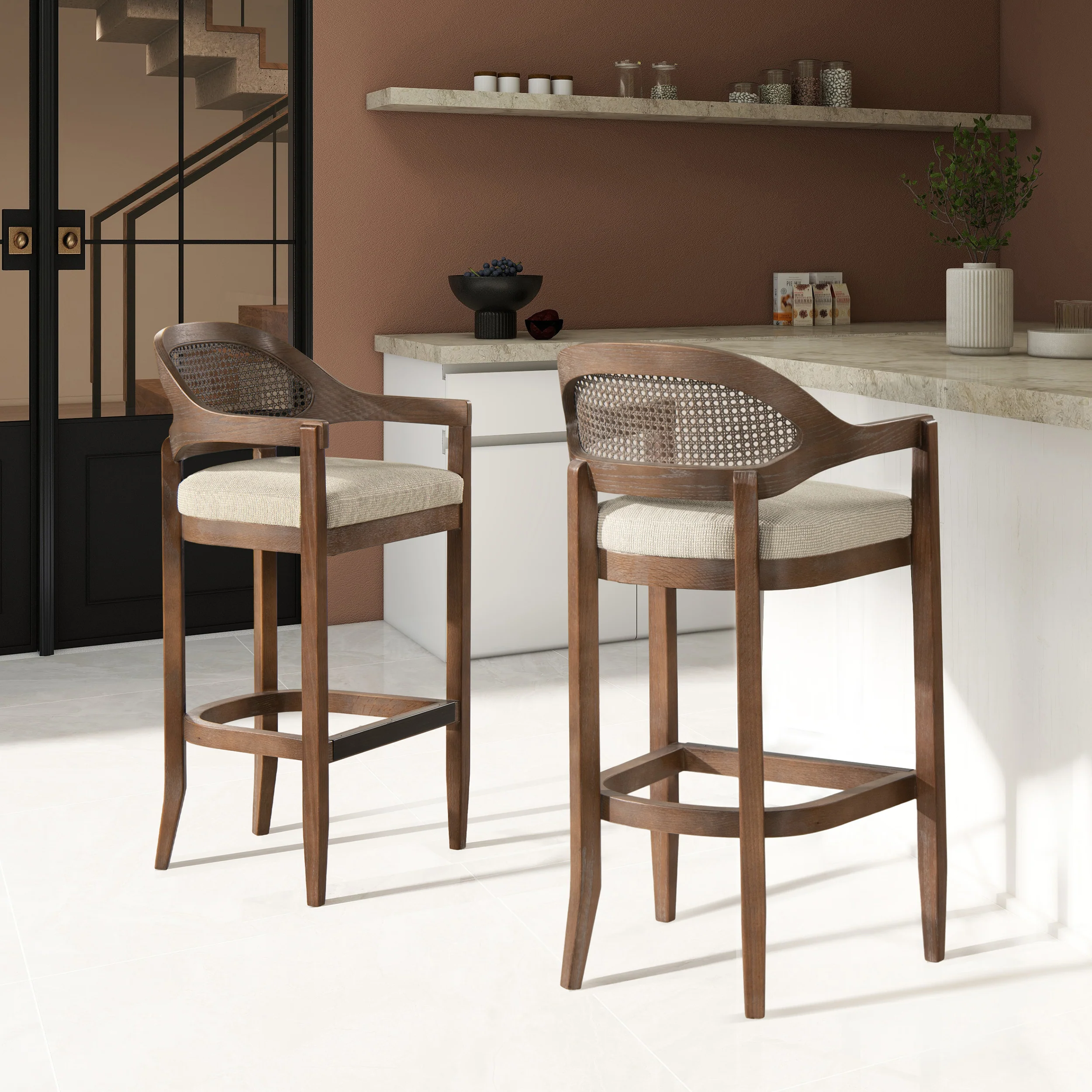 Americana Mid-Century Modern Cane Back Bar Stool