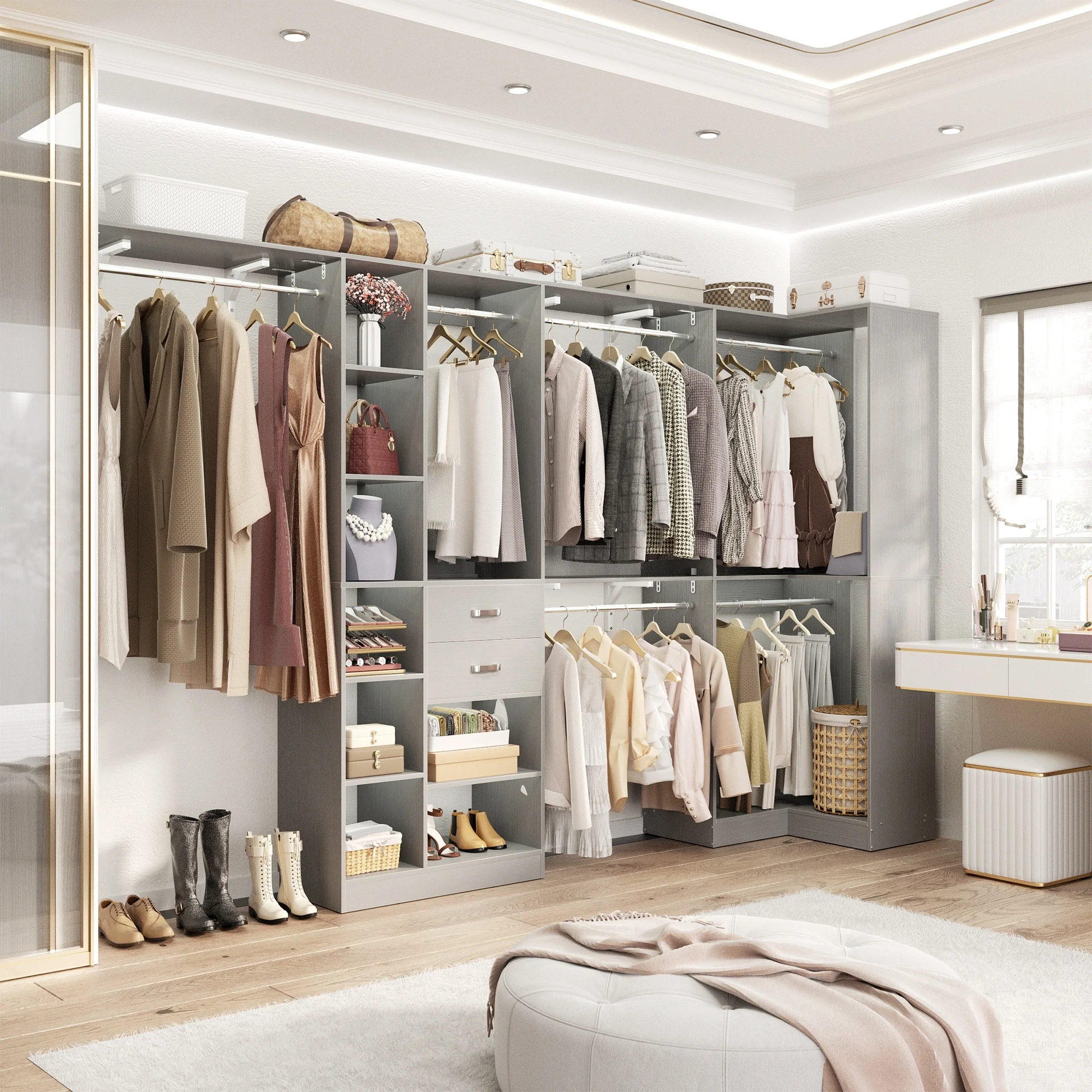 31.5'' to 96'' W Closet Organizer System with Drawers and Tower Shelves for Reach-in and Walk-in Closet