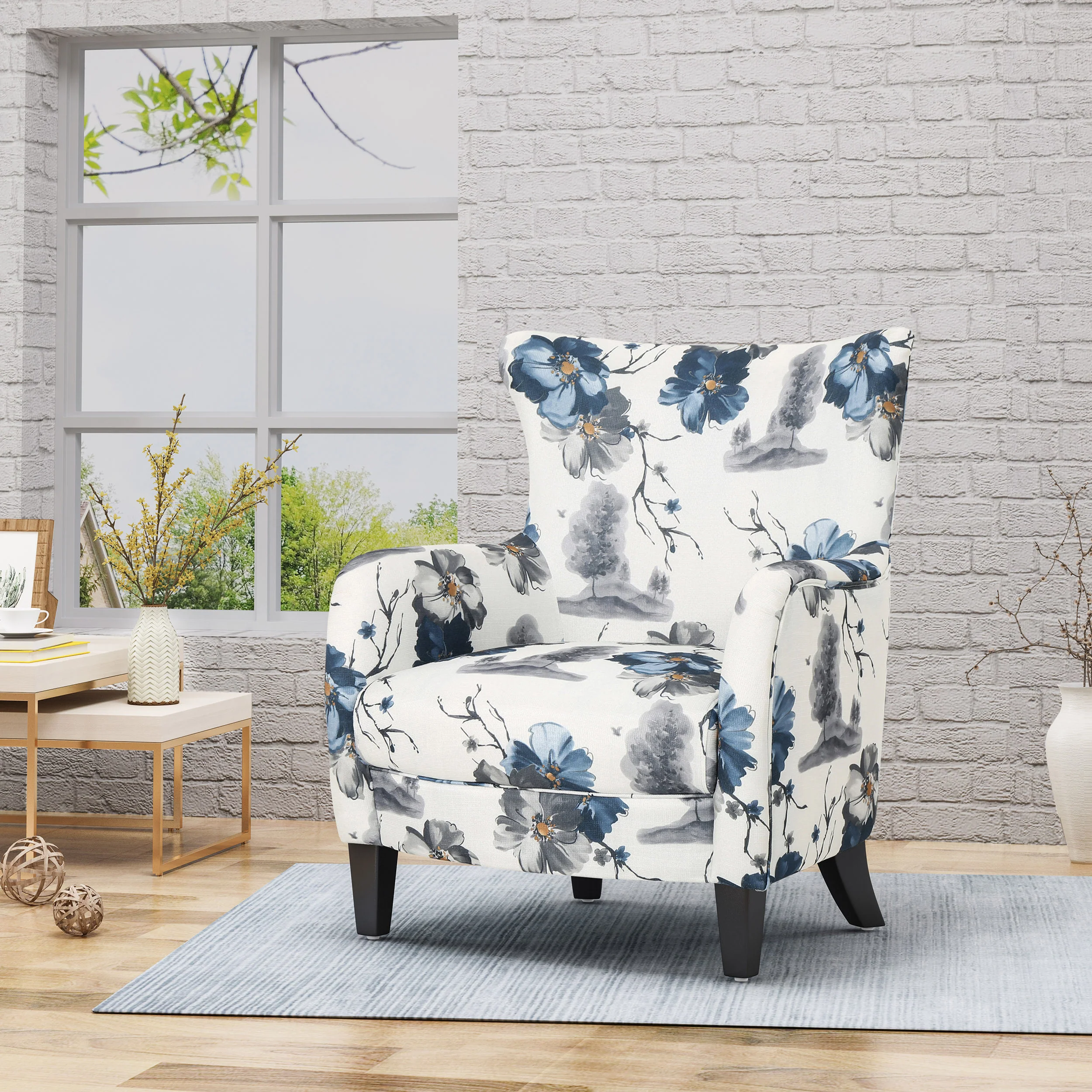 Upholstered Club Chair with Patterned and Curved Armrest