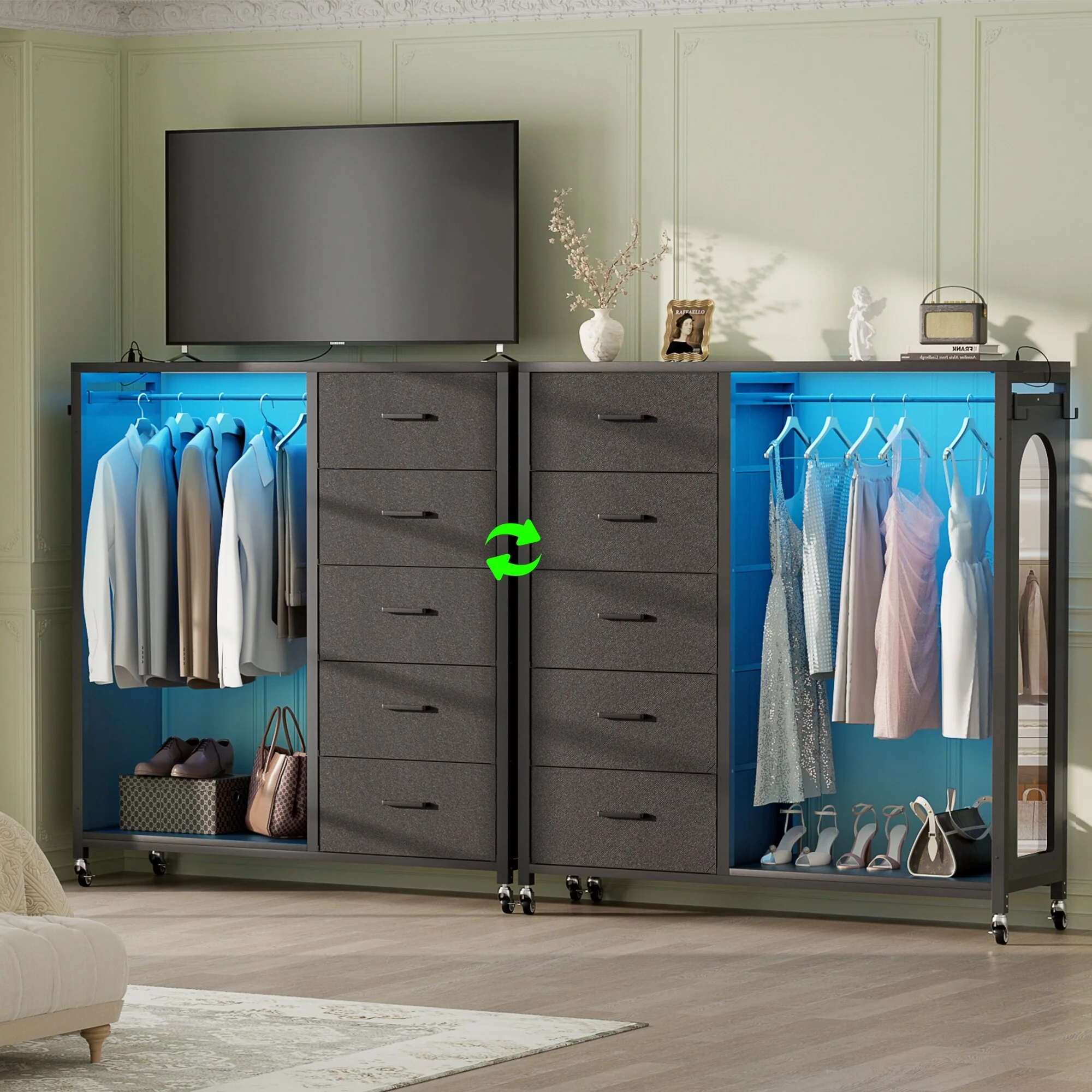 Kid's Closet Organizer with Fabric Drawers and Mirror, Rolling Dresser and Chest with Charge Station