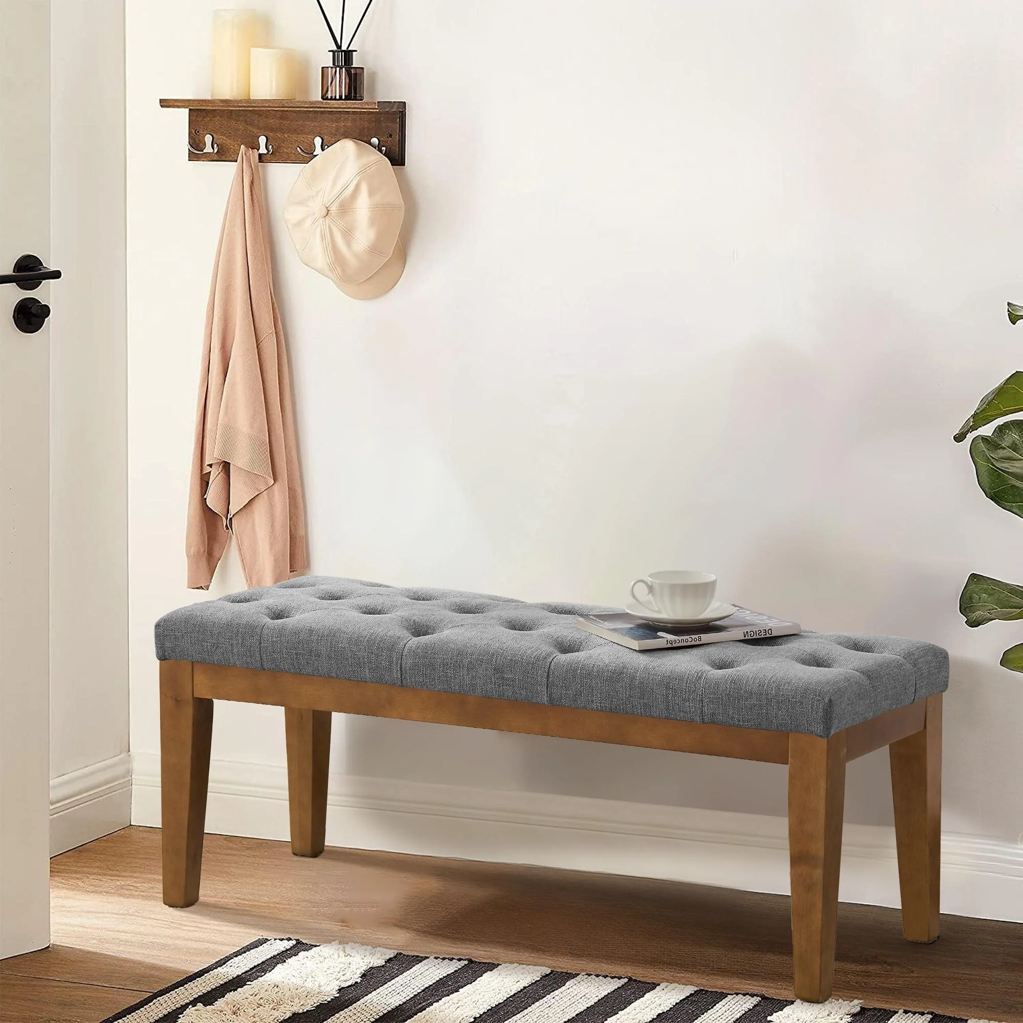 Button-Tufted Bench for End of Bed, Entryway Bench Beige/ Black/ Brown Solid Wood, Leather, Fabric 44-inch