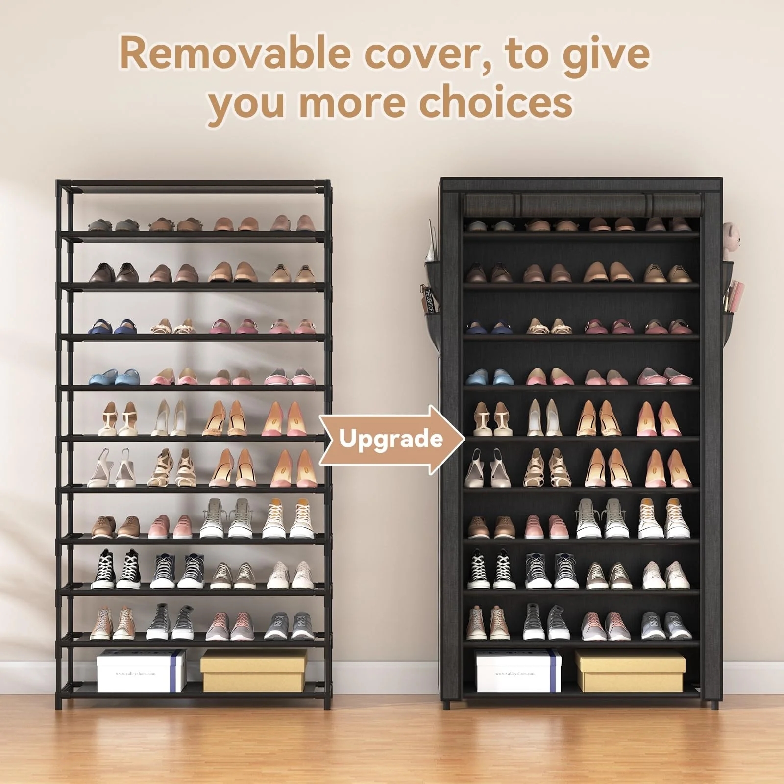 10 Tier Shoe Rack with Covers,Large Capacity Stackable Tall Shoe Shelf Storage to 50-55 Pairs Shoes & Boots Sturdy Metal