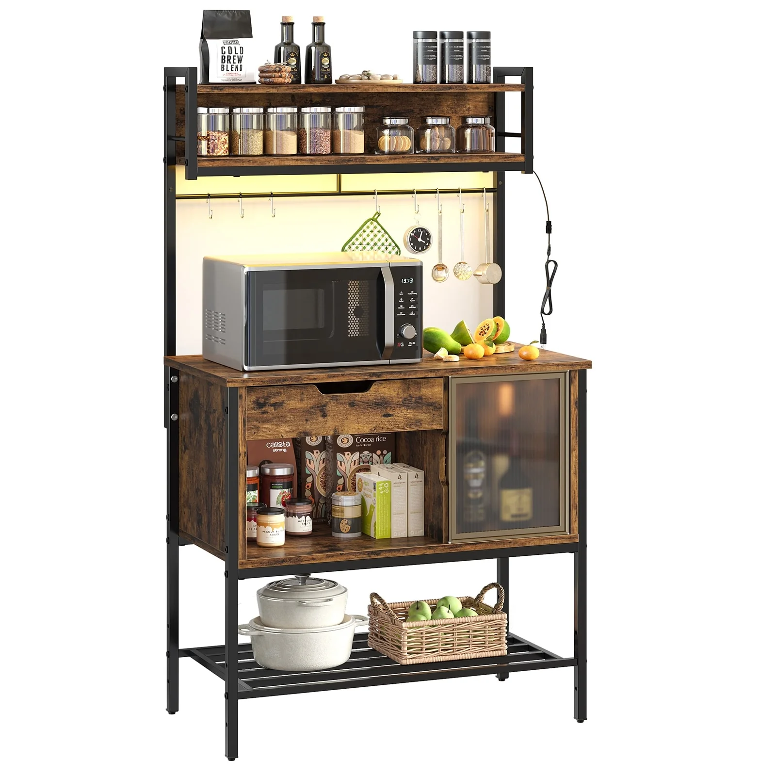 59 Inch LED Bakers rack, Kitchen Baker's Rack With hooks and Adjustable Shelf - 59″H×33.8″W