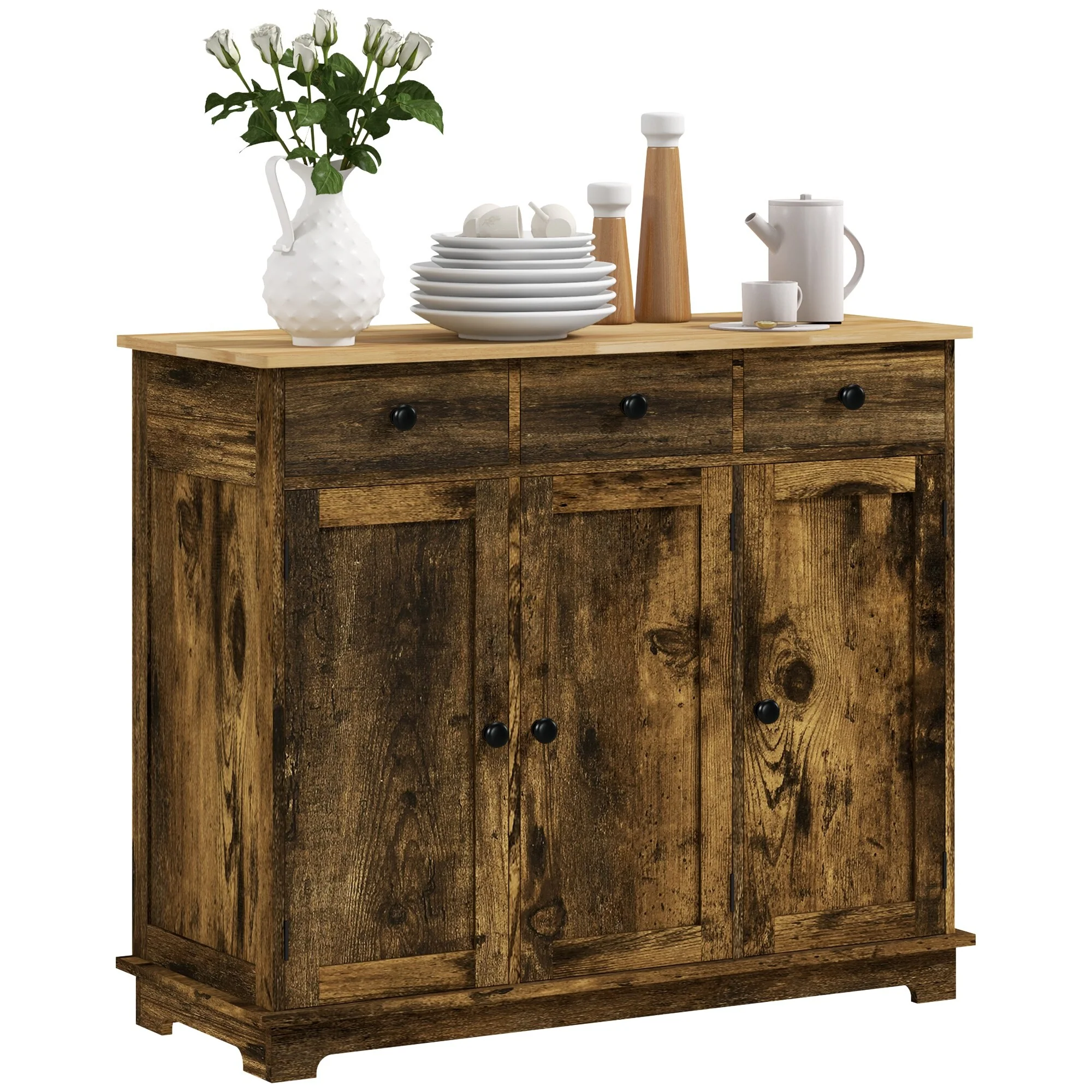HOMCOM Sideboard with Solid Wood Countertop, Modern Kitchen Storage Cabinet, Coffee Bar Cabinet with 3 Drawers