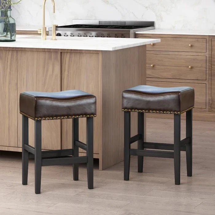 Soltique Backless Dining Counter Stool with Leather Upholstered and Nailhead Trim, Set of 2