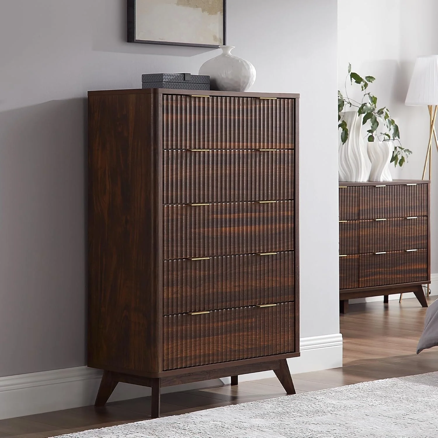 Modern Fluted 5 Drawers Dresser, Chest of Drawers, Dresser TV Stand