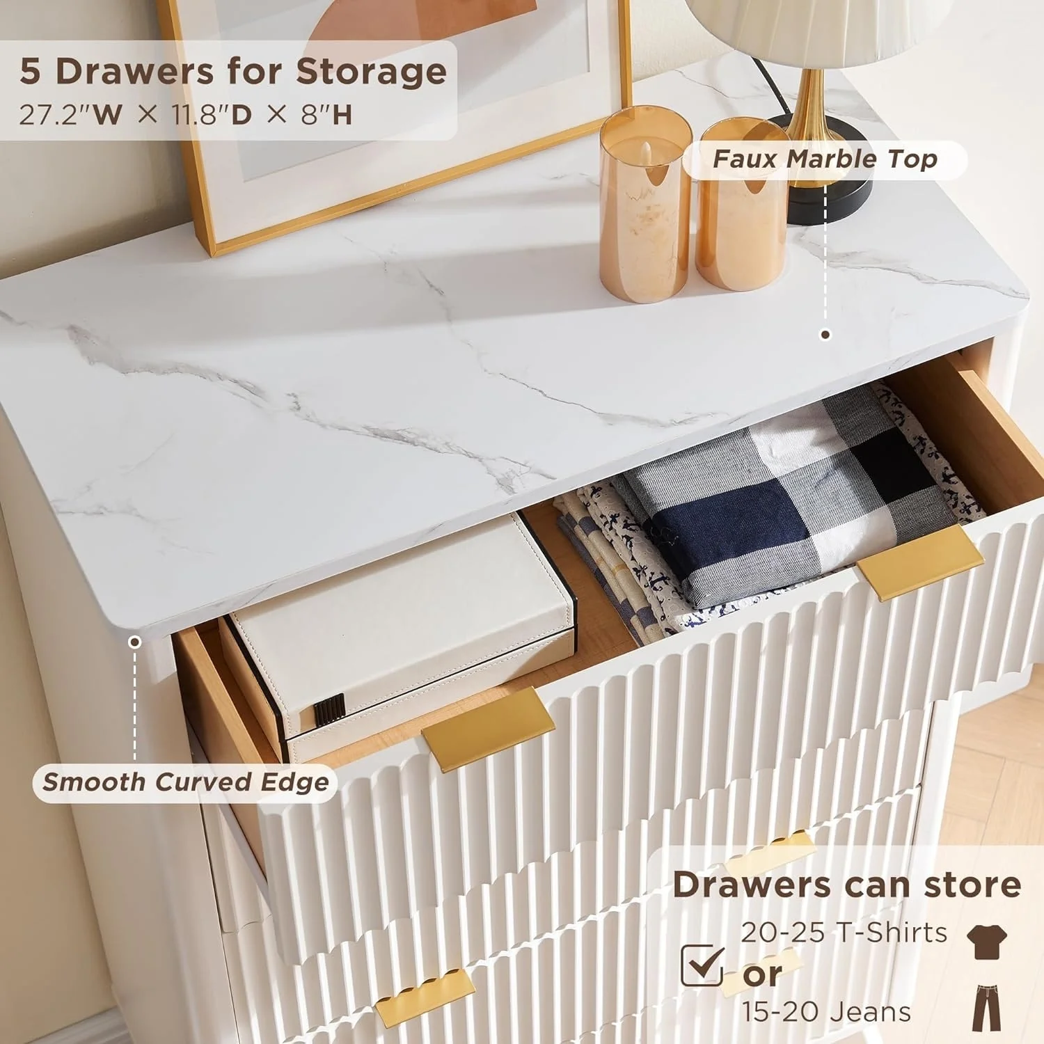 Modern Fluted 5 Drawers Dresser, Chest of Drawers, Dresser TV Stand