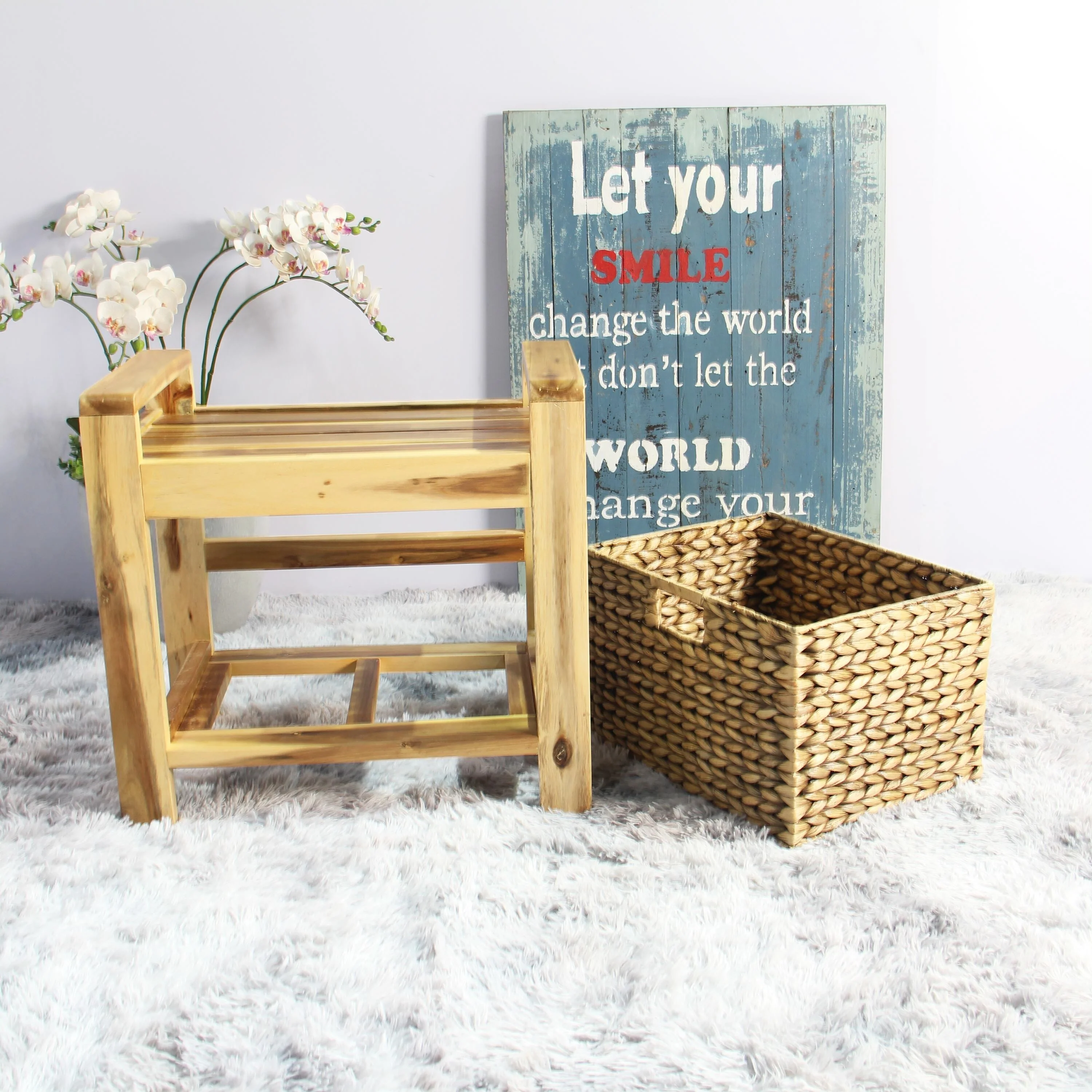 M4H Brae Solid Wood Natural Water Hyacinth Basket Storage Ottoman