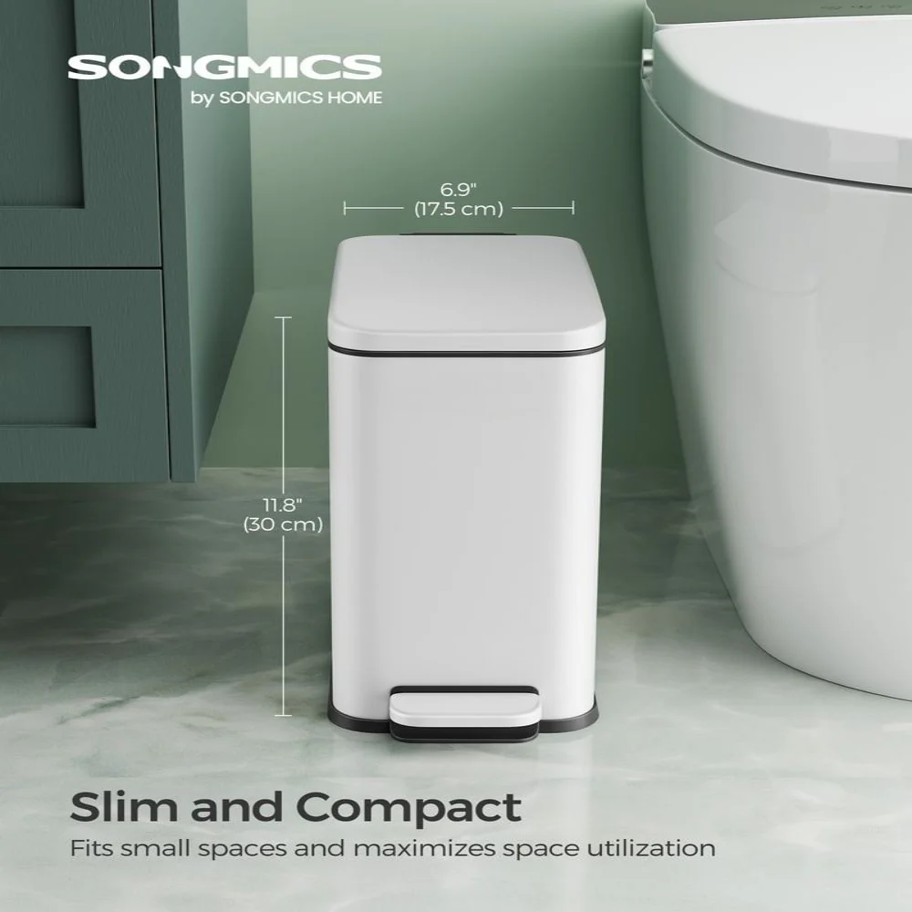 Stainless Steel Slim Bathroom Trash Can with Soft-Close Lid and Plastic Removable Inner Bucket