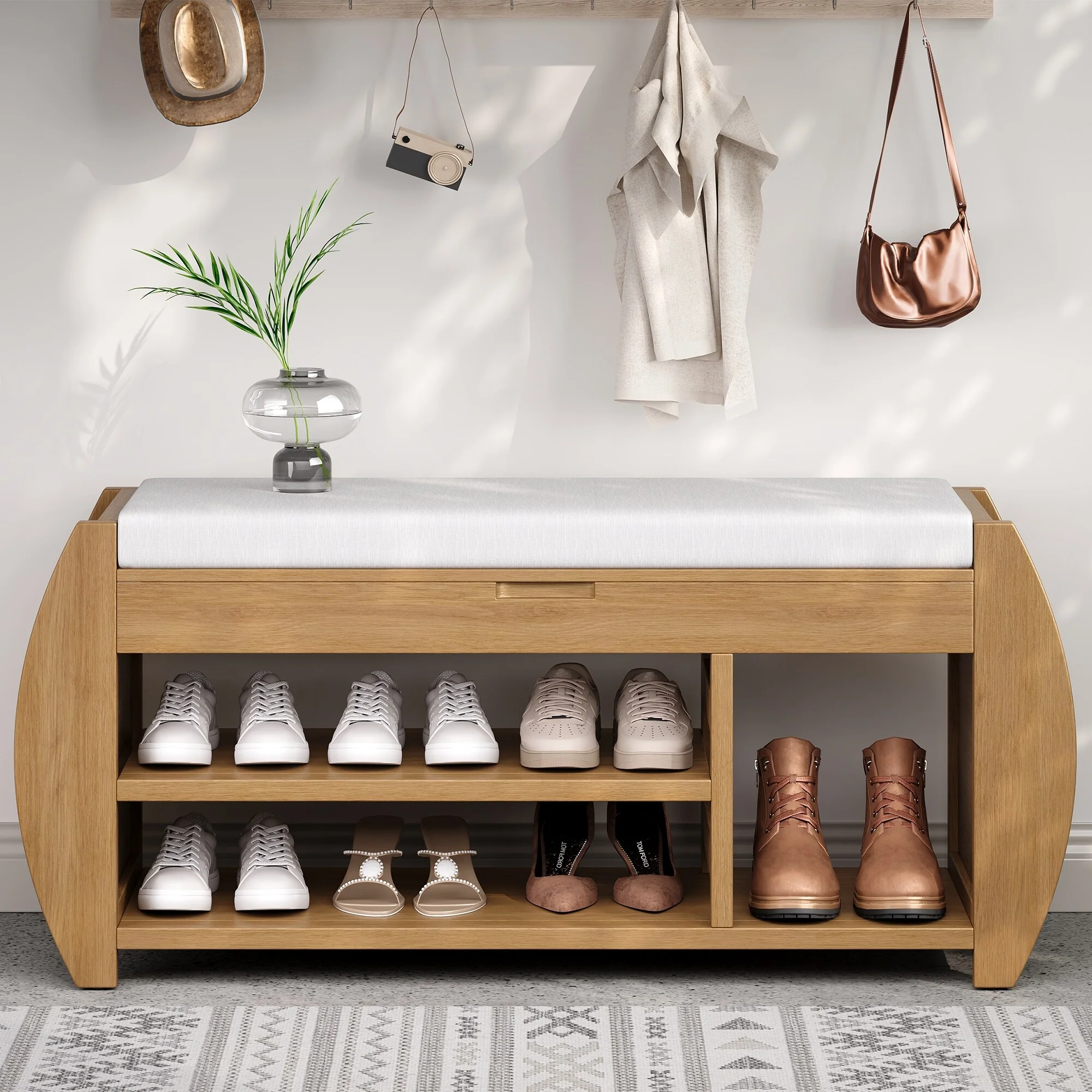 Multifunctional Storage Bench with Cushion and Curved Side Panel for Entrance and Living Room