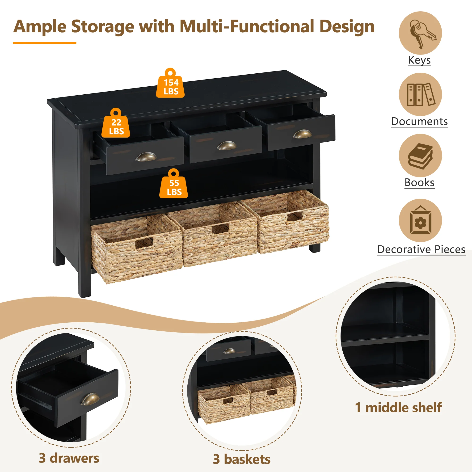 Coronate Console Table with Drawers and Water Hyacinth Woven Baskets